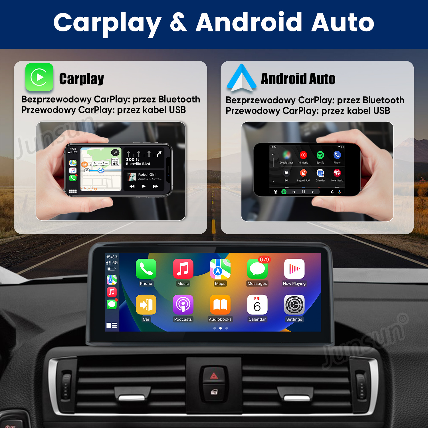 Ekran z Carplay i Android Auto, oba z nawigacją i aplikacjami muzycznymi.