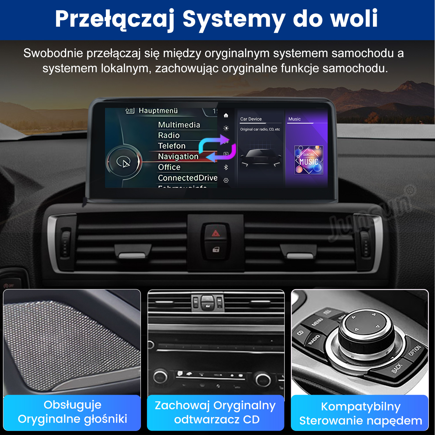 Deska rozdzielcza samochodu z ekranem multimediów, głośnikiem, nawiewami i pokrętłem.