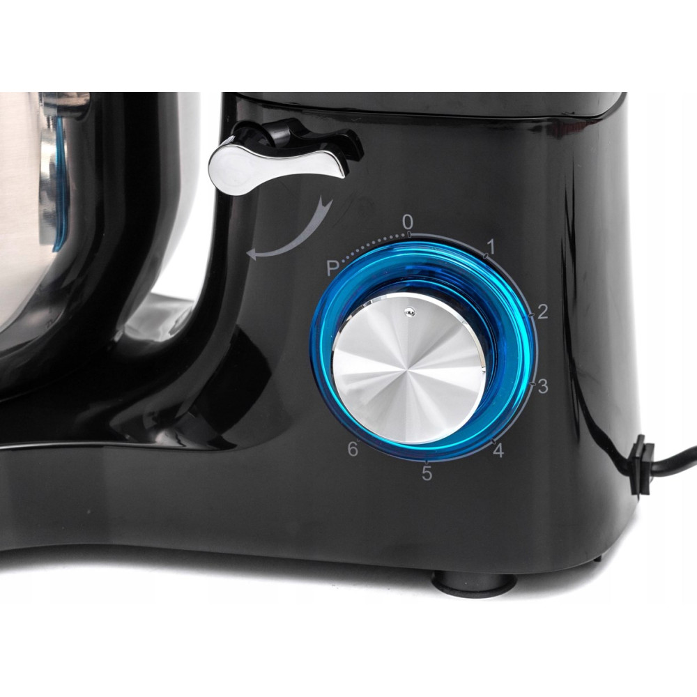 Czarny mikser kuchenny z niebieskim podświetlanym pokrętłem i regulacją prędkości.