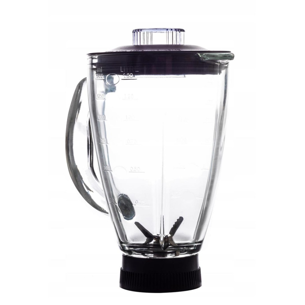 Pusta szklana część blendera z oznaczeniami pomiarowymi i czarną pokrywą.