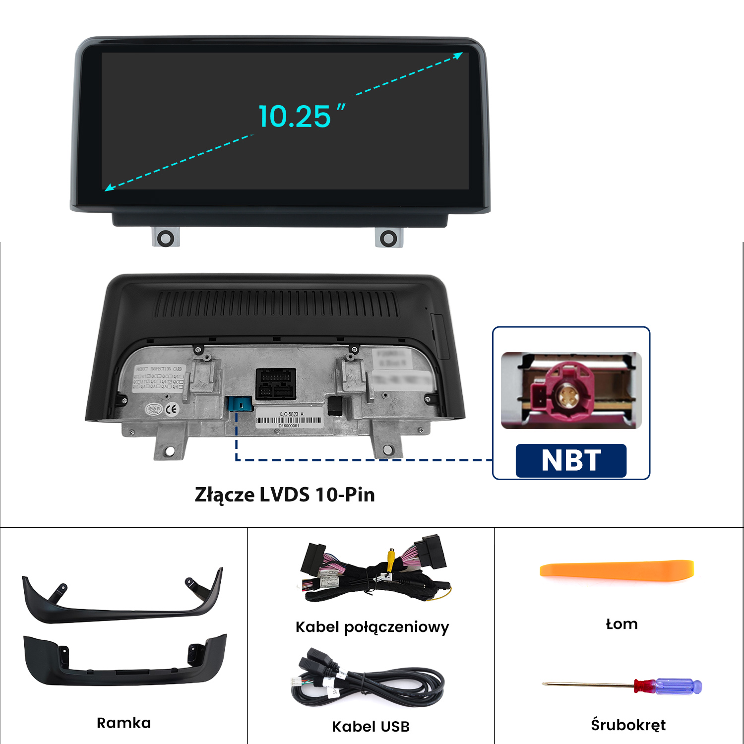 Ekran 10,25 cala, widok z tyłu, kable, narzędzia i ramka.