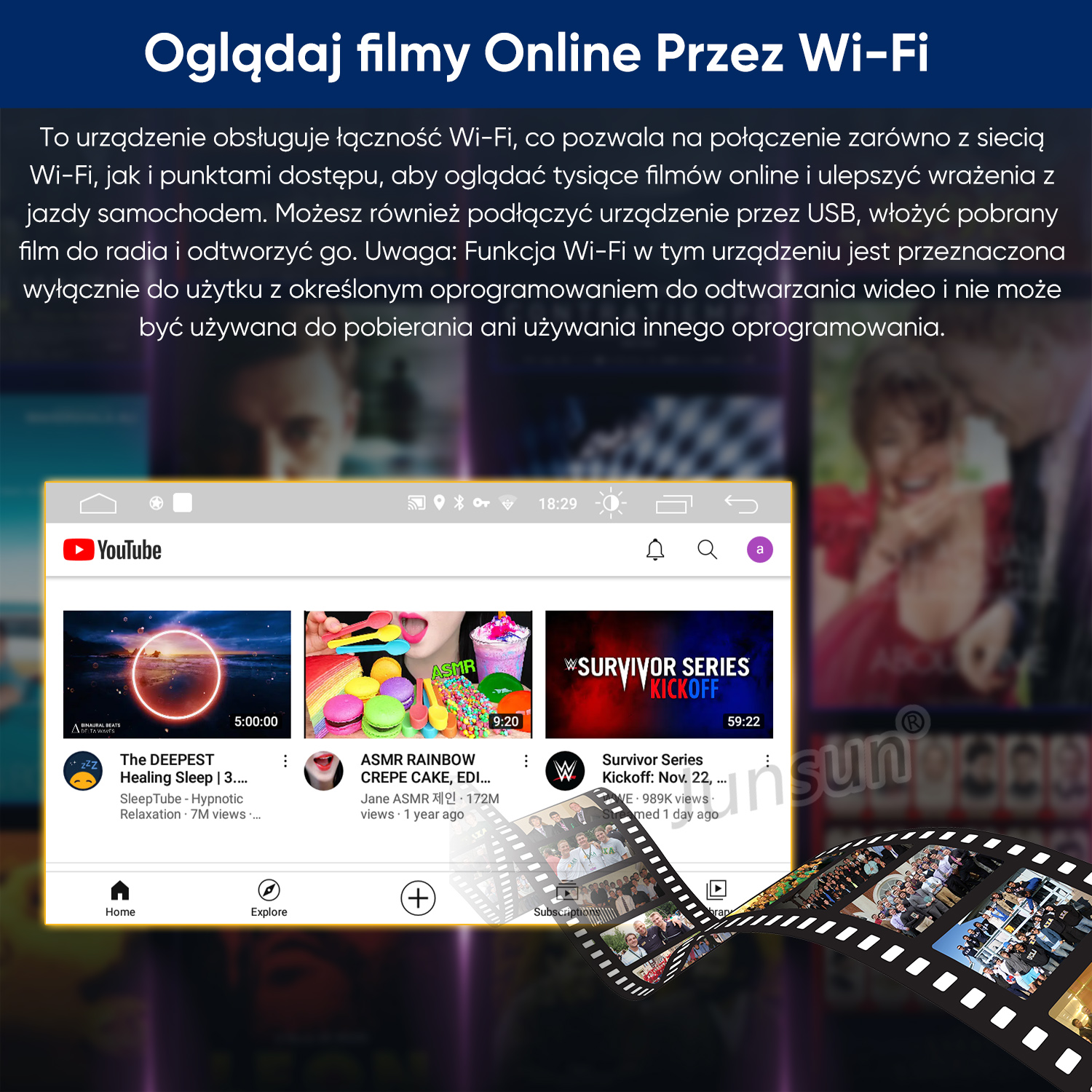 Interfejs YouTube z filmami o śnie, ASMR i wrestlingu. Pasek nawigacyjny na dole.