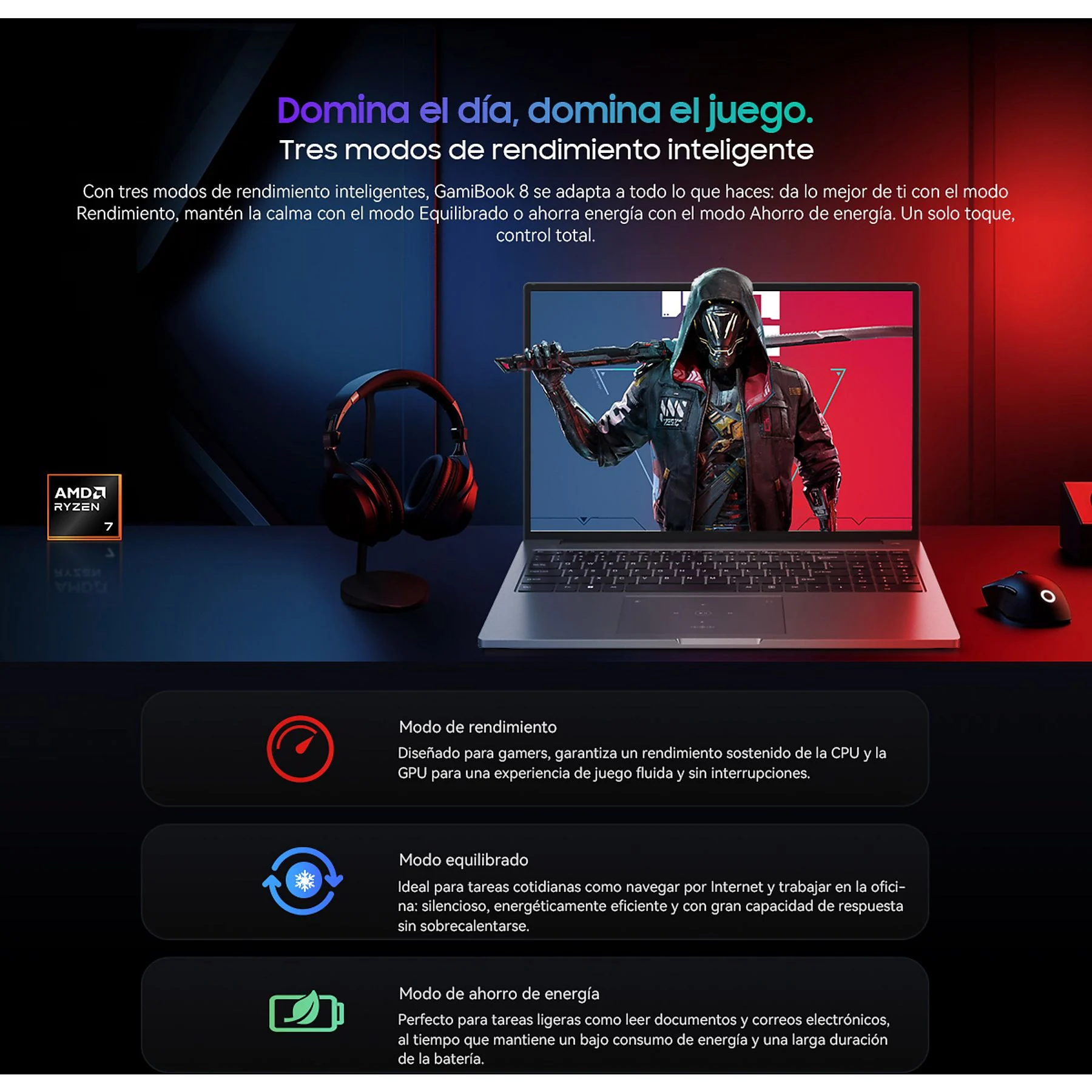 Un portátil con auriculares, un ratón y el logo de AMD Ryzen 7.