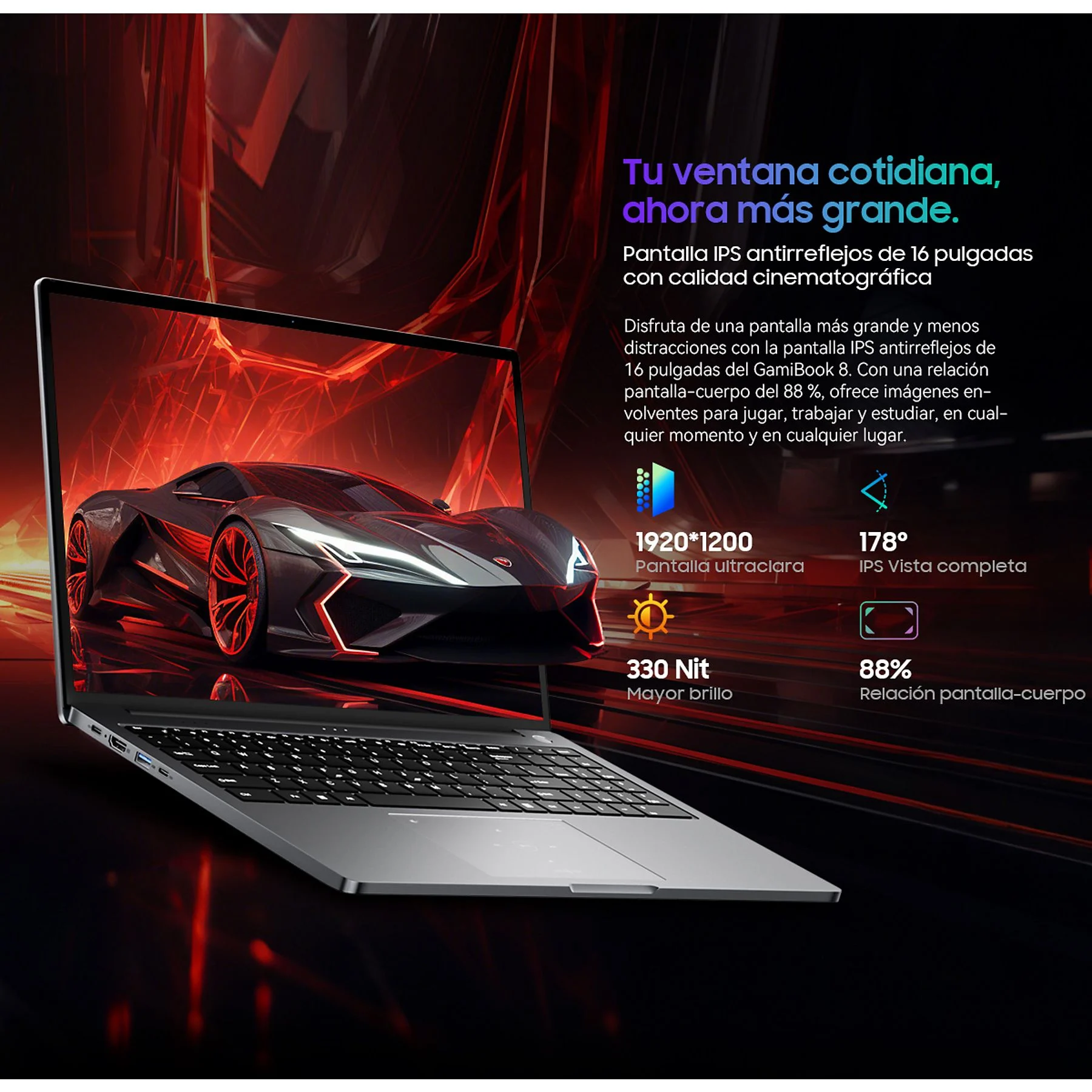 Un portátil con un coche deportivo en pantalla, fondo de líneas rojas.