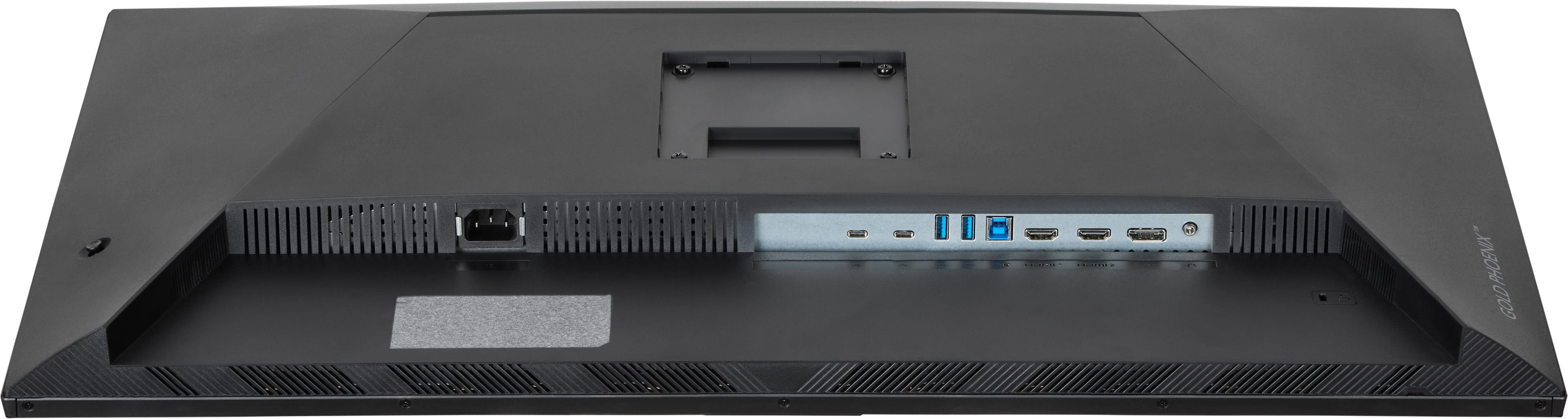 Rückseite eines schwarzen Monitors mit Anschlüssen: Strom, USB-C, USB-A, HDMI.