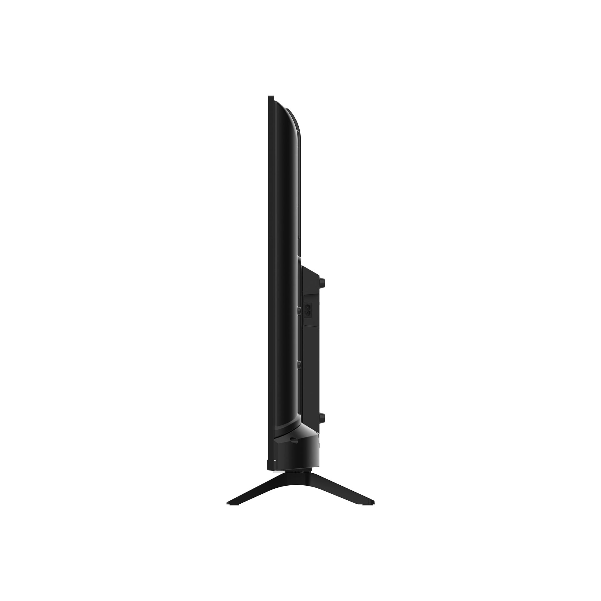 Televisor negro de perfil lateral con soporte y puertos.