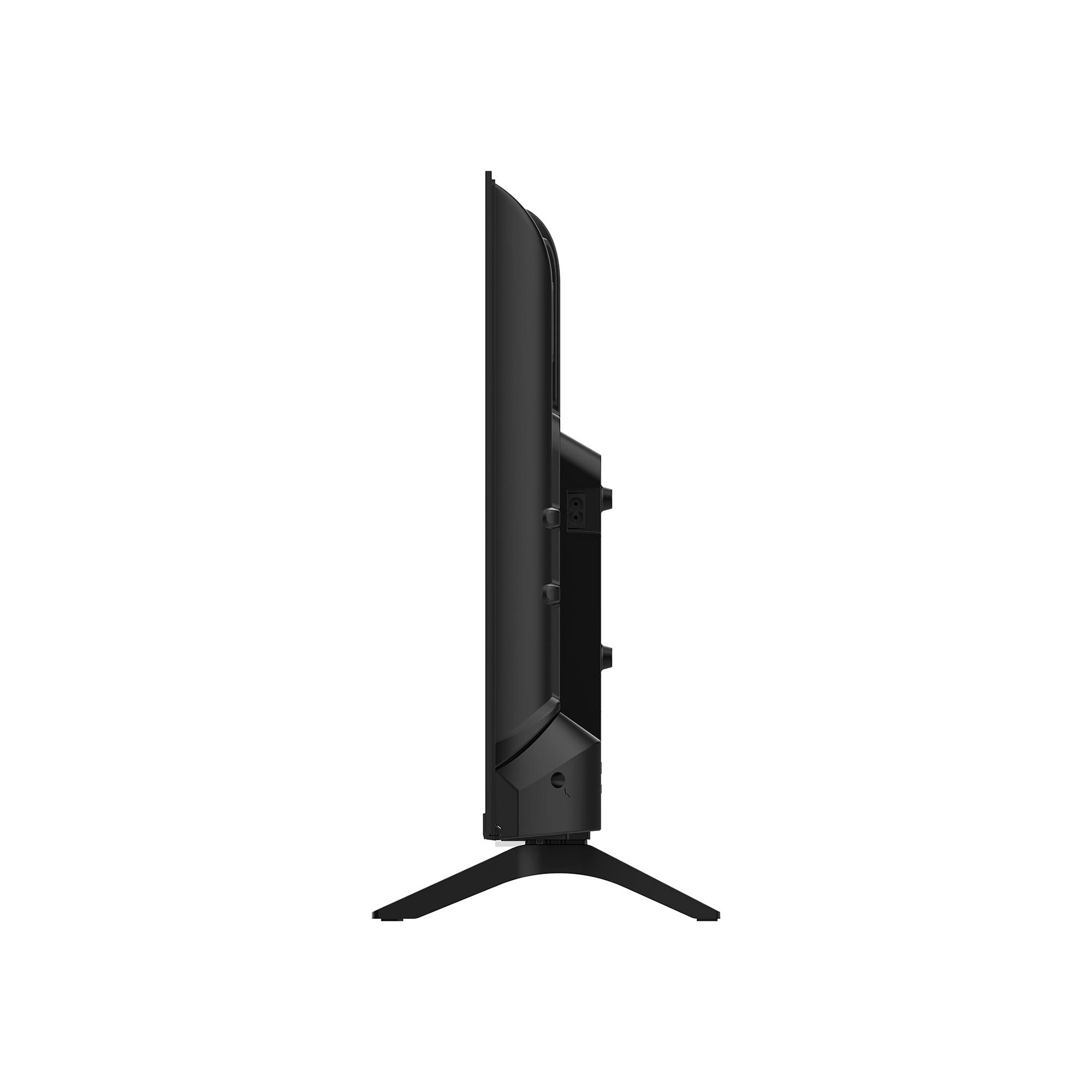 Televisor negro de perfil lateral con soporte sobre fondo blanco.