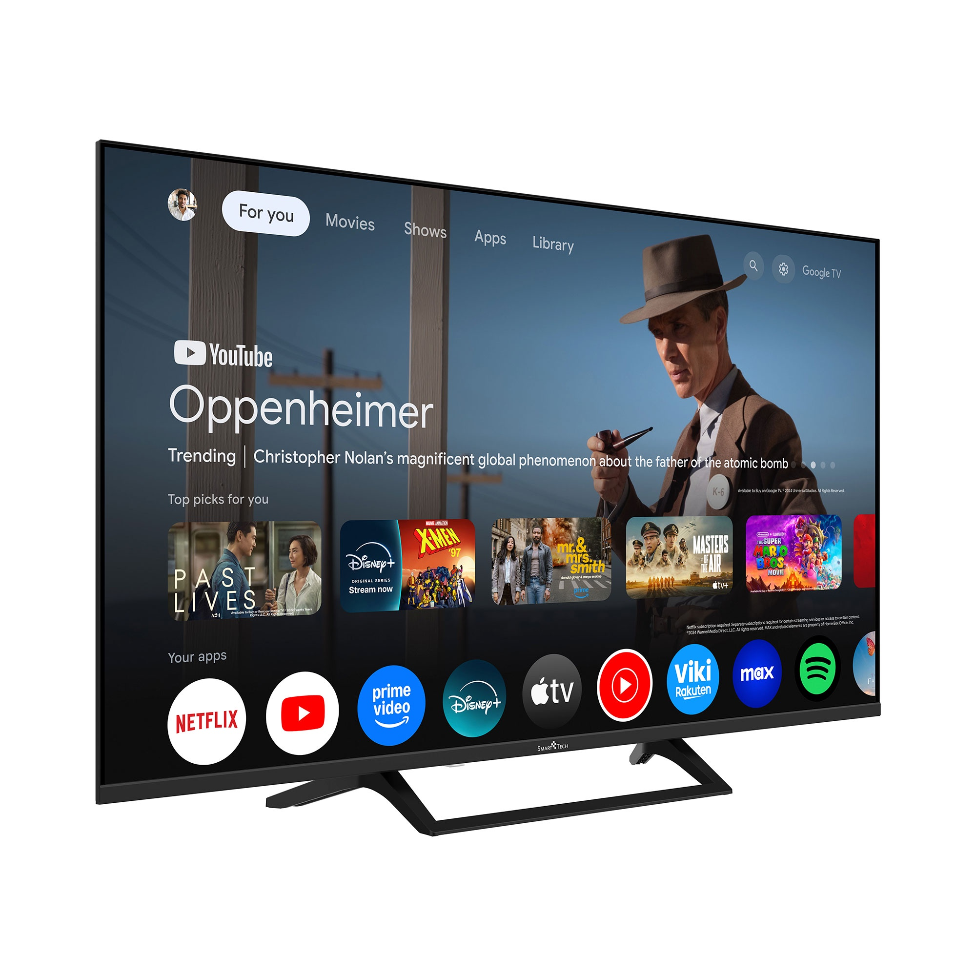 Un televisor muestra la interfaz de Google TV con películas como Oppenheimer y apps.