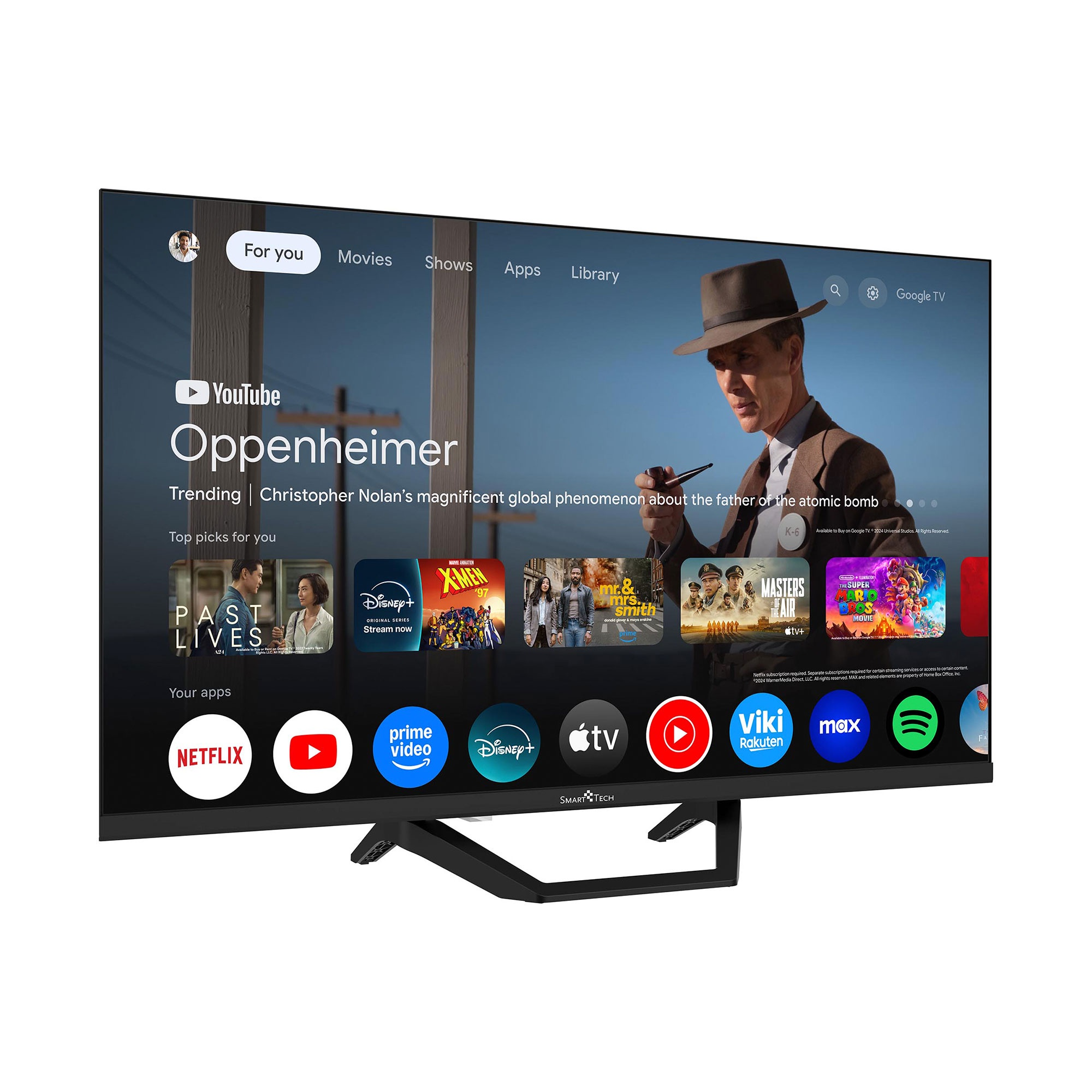 Un televisor moderno con interfaz Google TV, muestra 'Oppenheimer' e iconos de apps.