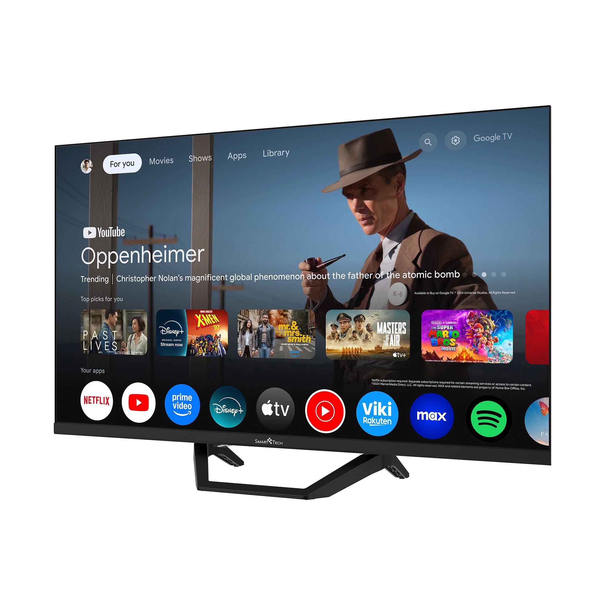 Un televisor muestra la interfaz de Google TV con películas y aplicaciones. Oppenheimer destaca.
