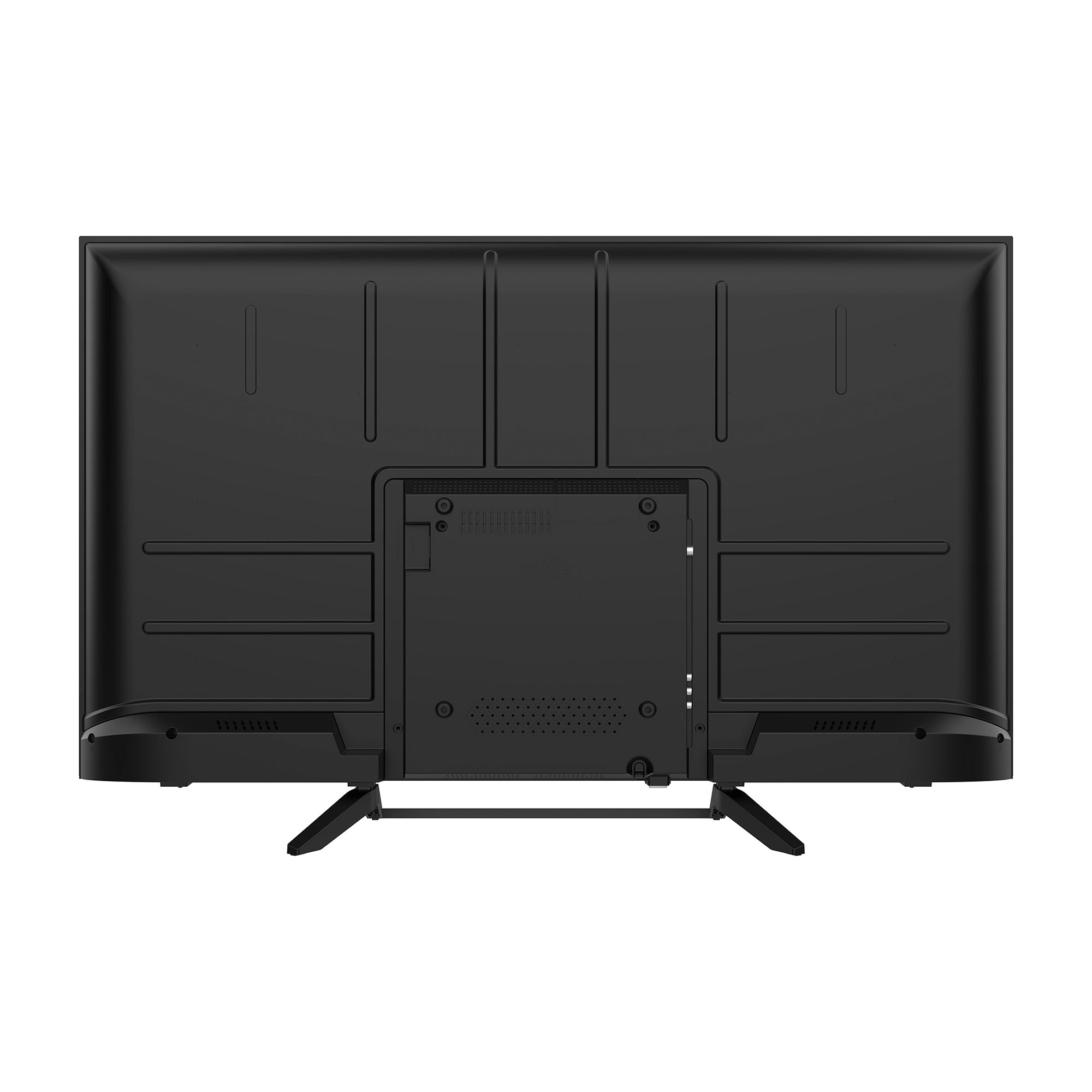Parte trasera de un televisor negro con soportes, puertos y ranuras de ventilación.