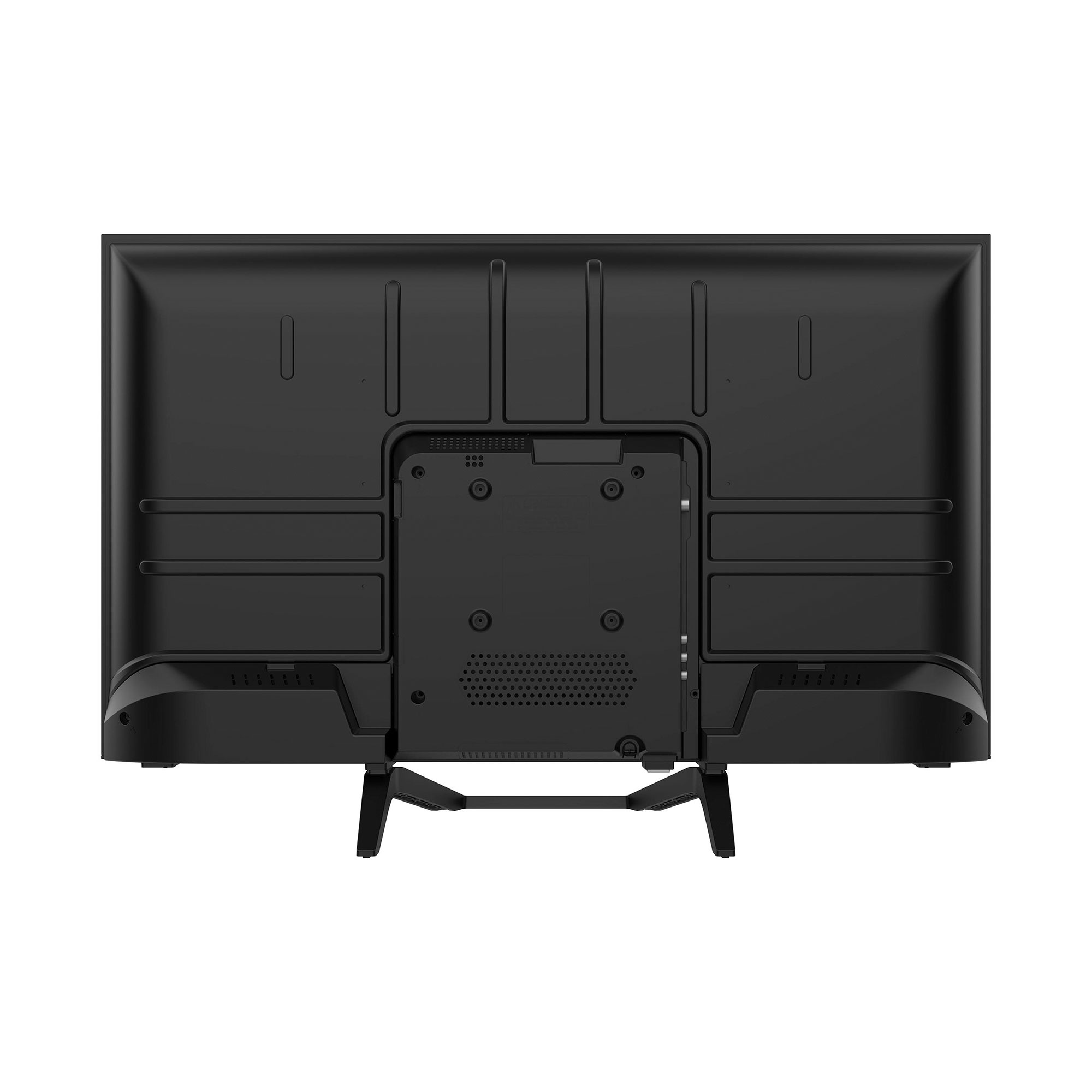 Vista trasera de un televisor negro con soporte y puertos.