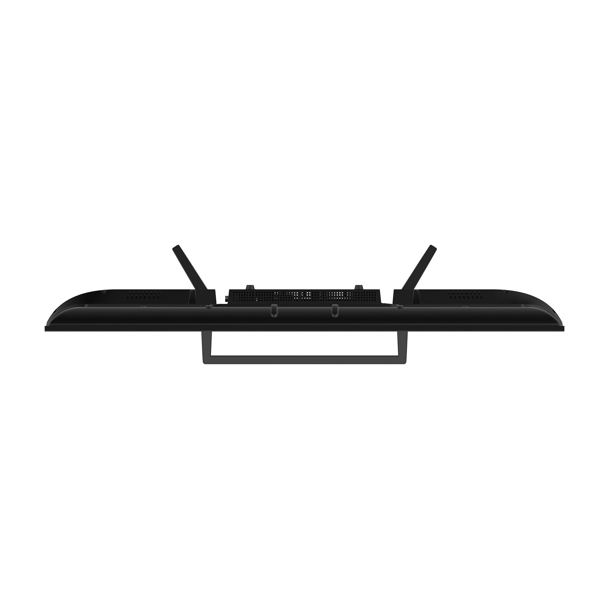 Televisor negro de pantalla plana con bisel fino y soporte, visto desde arriba.