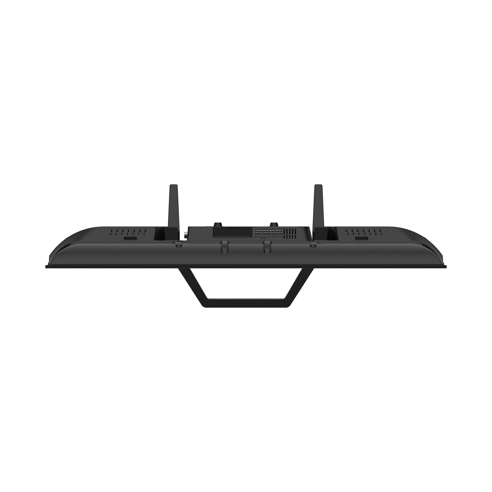 La parte trasera de un televisor negro con soporte y puertos.