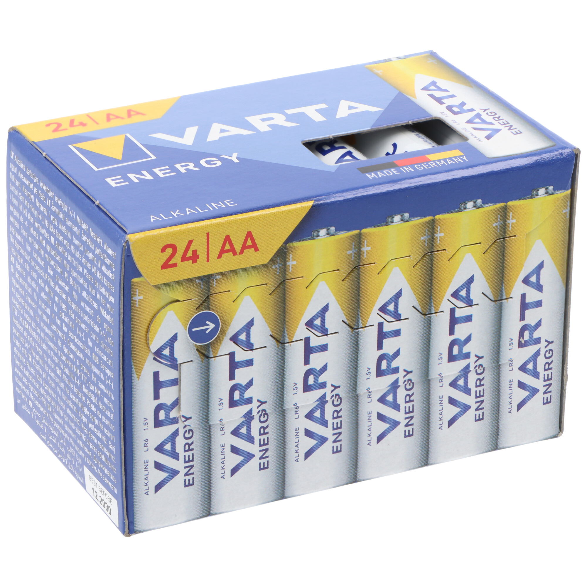 Eine Packung Varta AA Batterien mit 24 Stück, gelb und weiß.