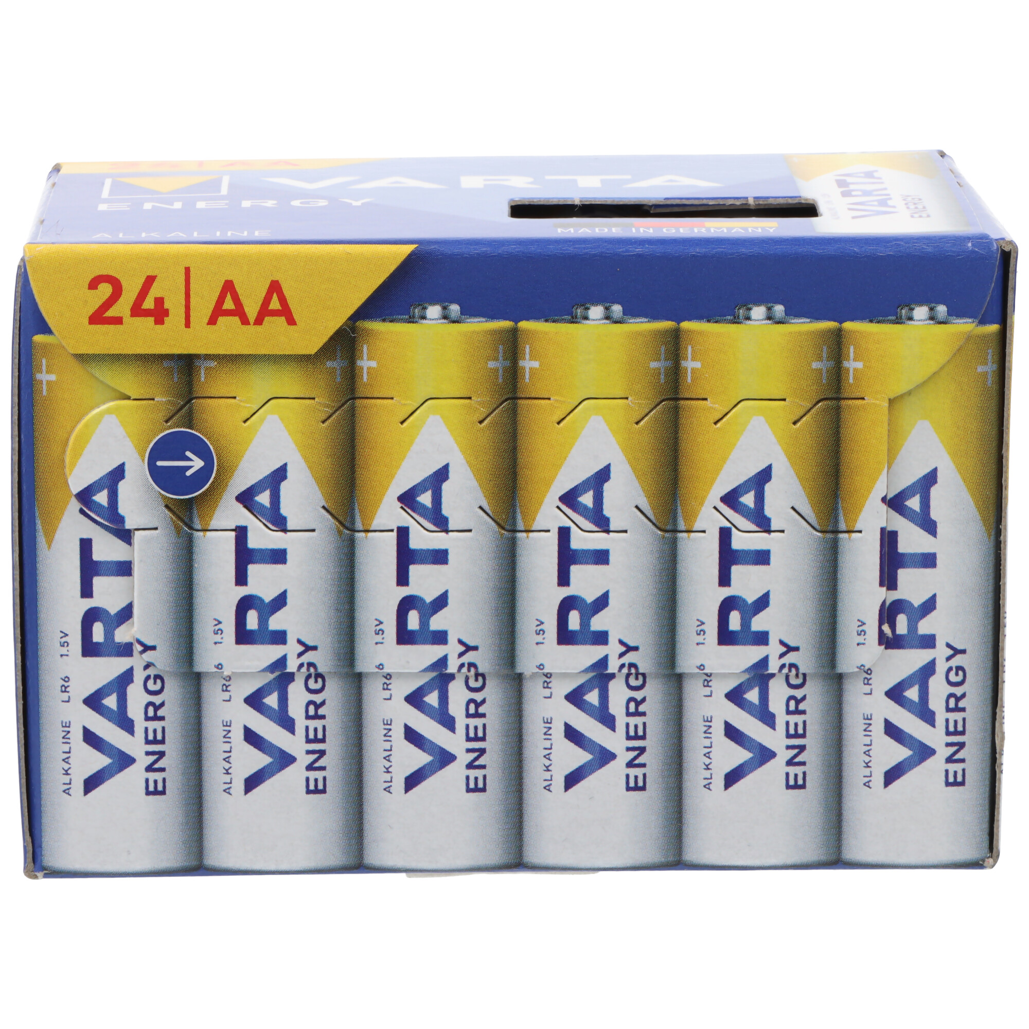 Verpackung mit 24 Varta AA Batterien, gelb und blau.