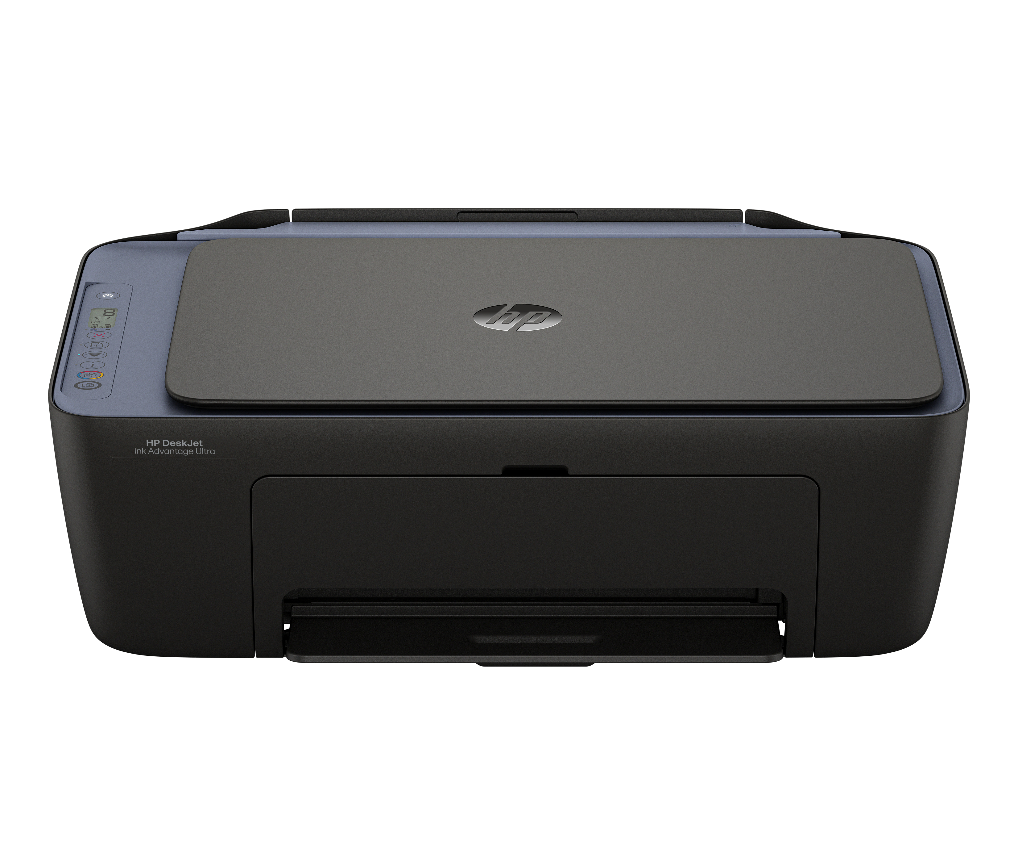 Een zwarte HP DeskJet printer met een grijs bovenpaneel en bedieningspaneel.