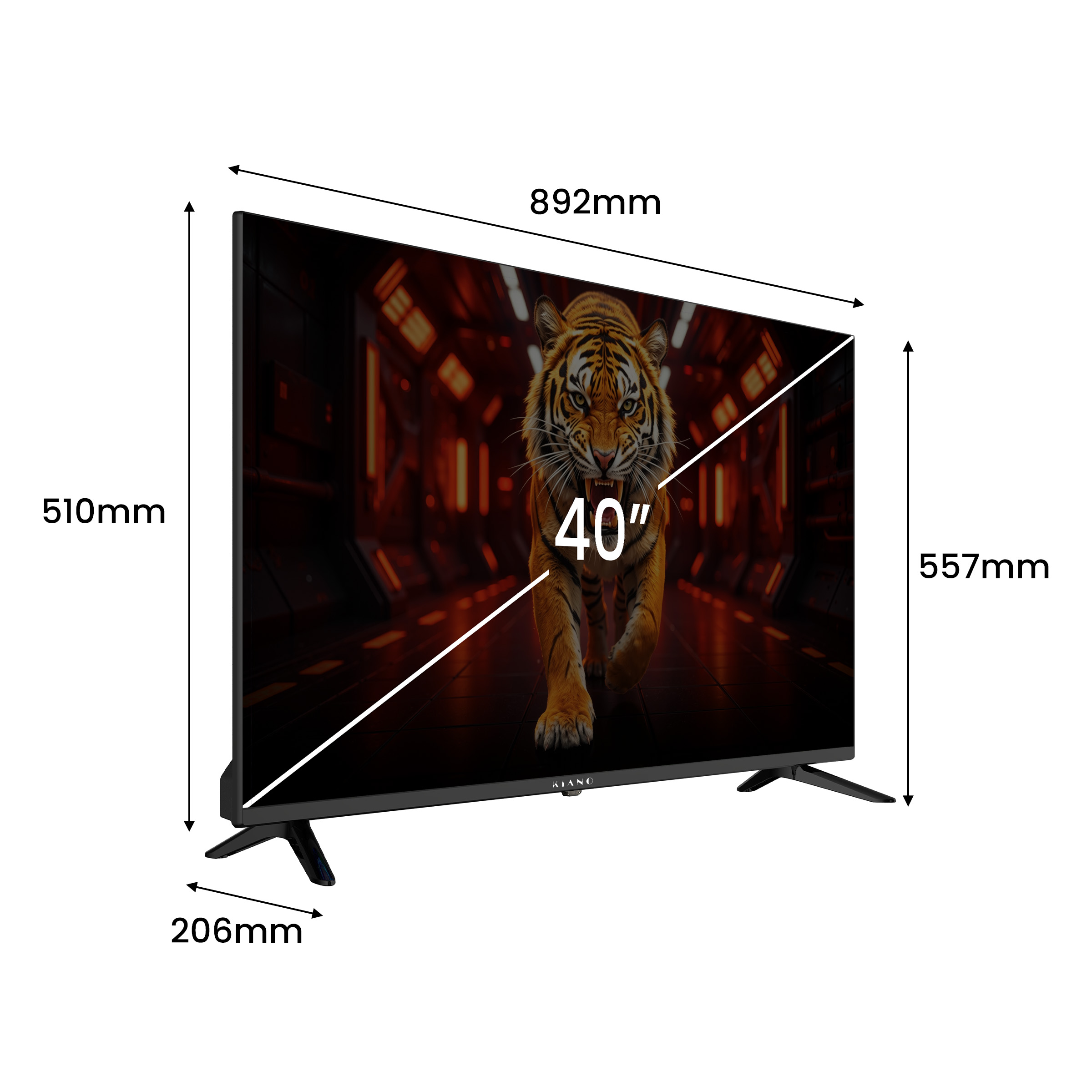 Telewizor 40 cali z obrazem tygrysa i wymiarami.