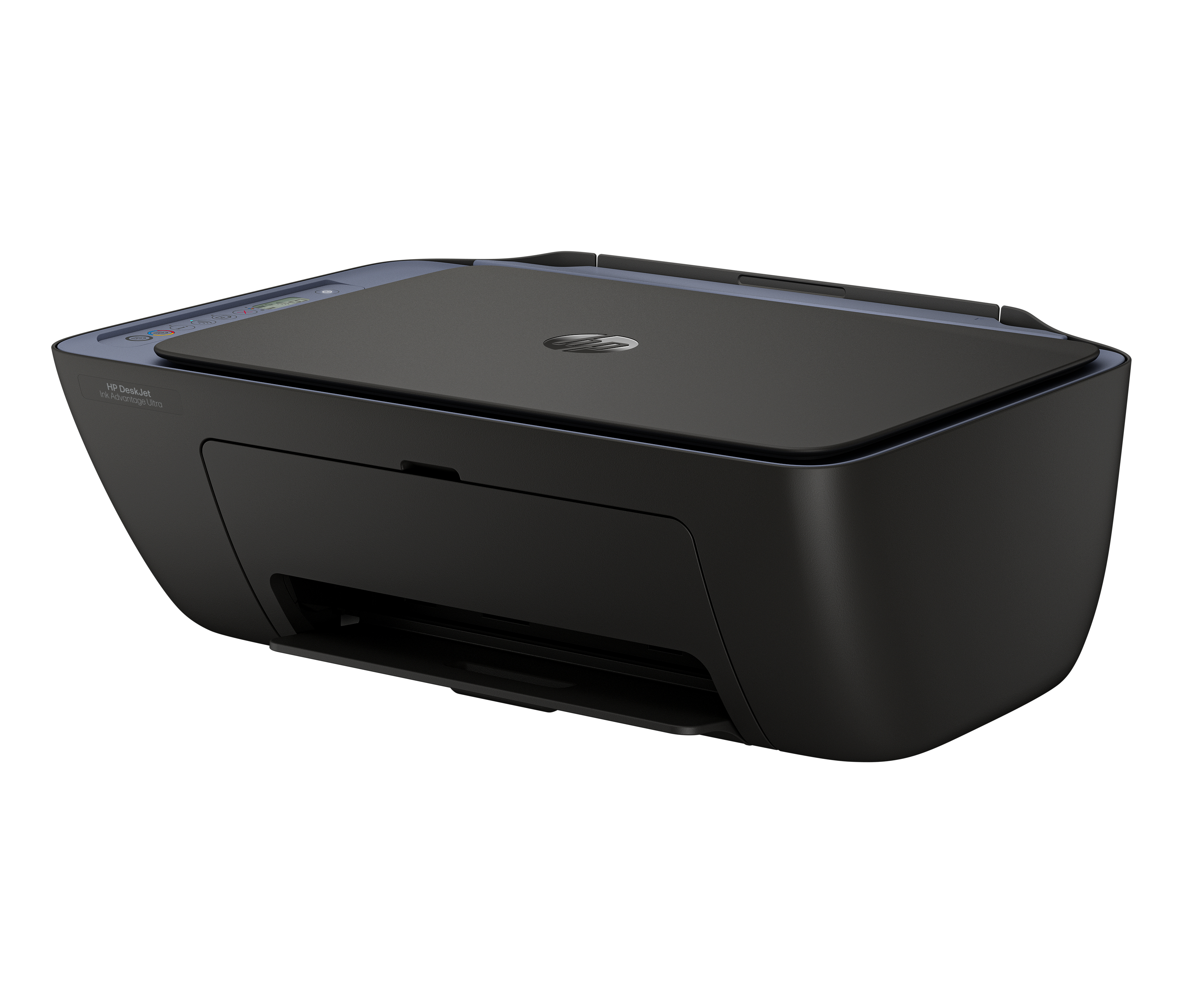 Een zwarte HP DeskJet printer met een zilveren HP logo op de klep.