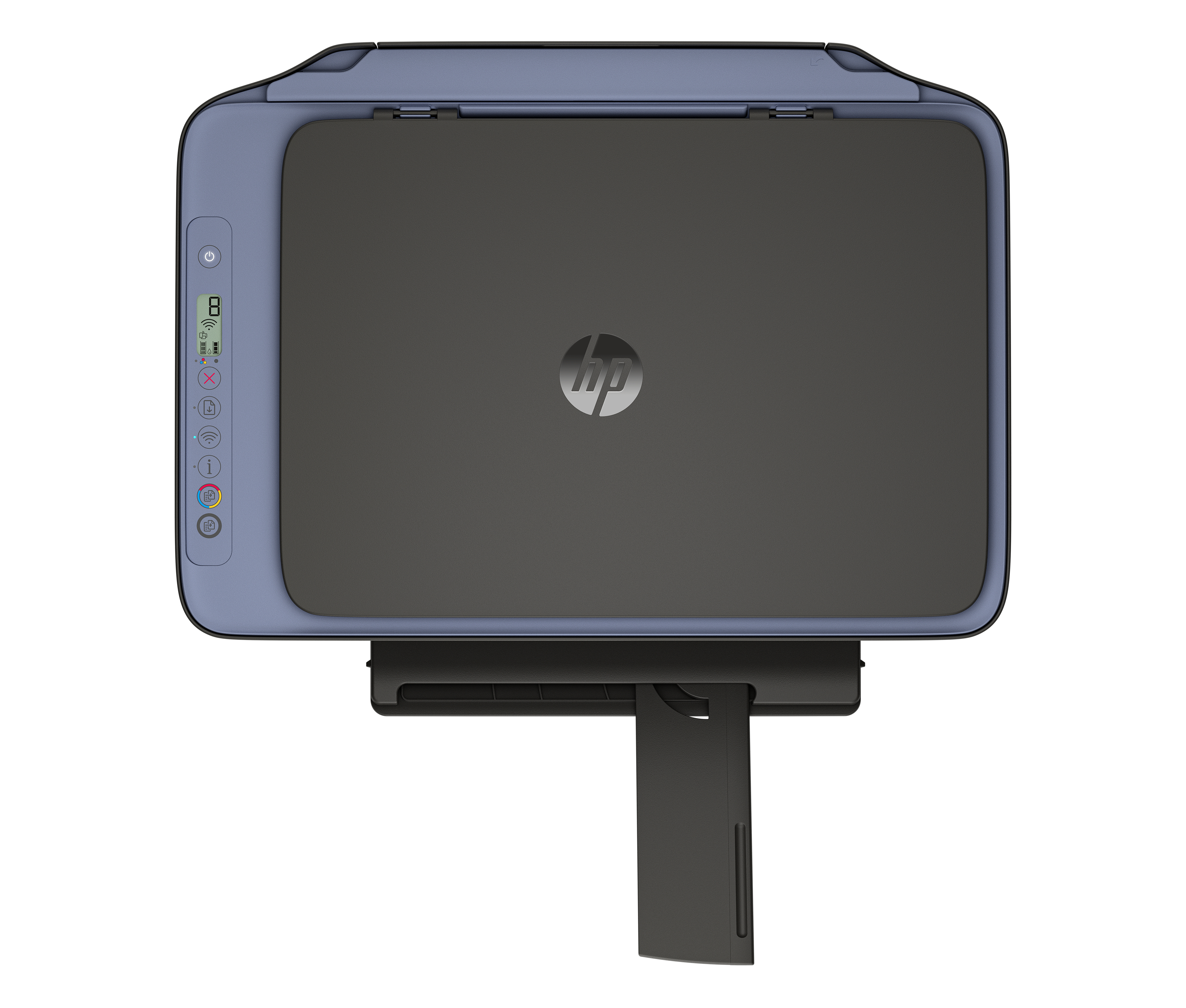 Een blauwe HP printer met een donkere klep en uitgeschoven lade.