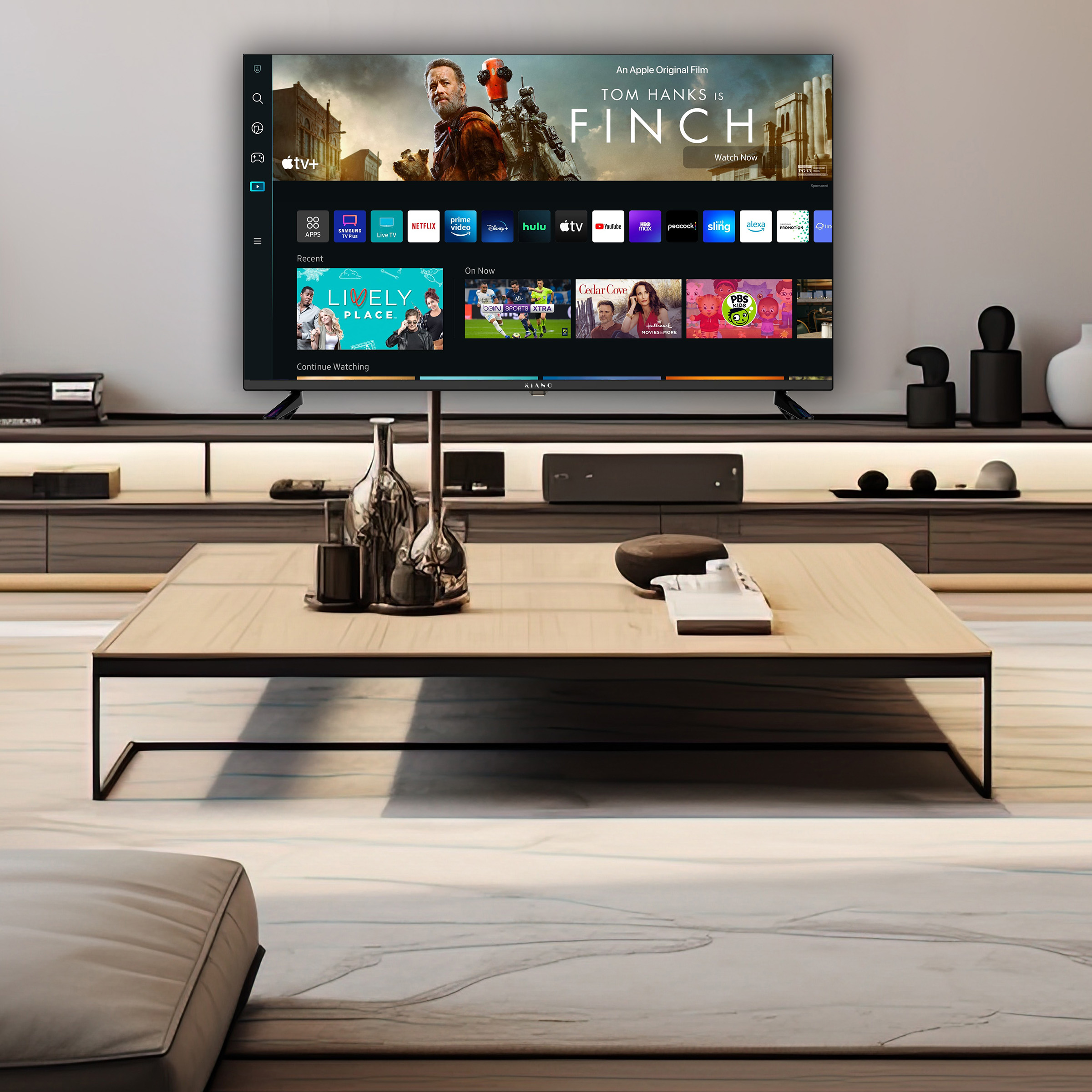 Nowoczesny salon z dużym telewizorem wyświetlającym aplikacje i treści streamingowe.