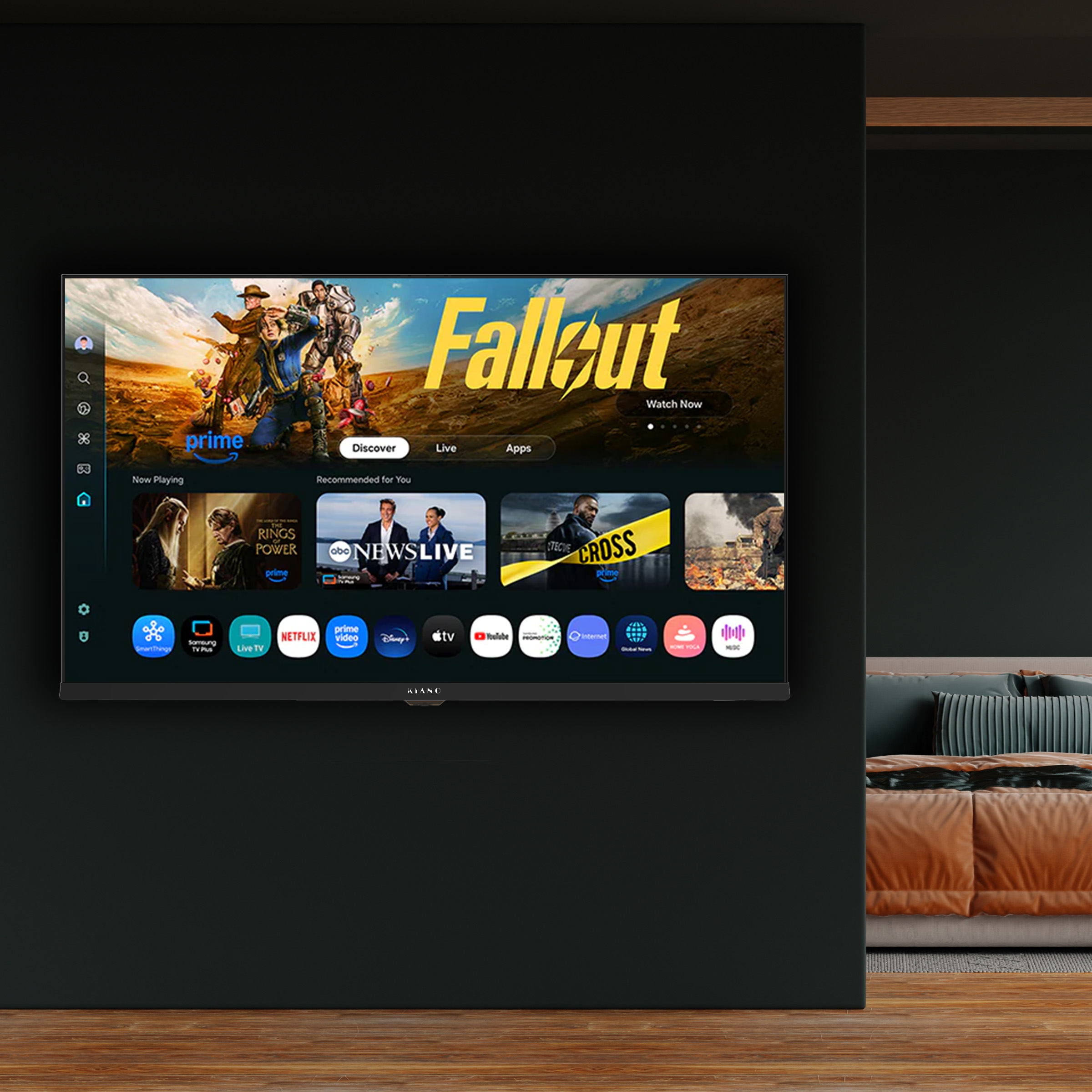 Una TV moderna mostra l'app "Fallout" insieme a molti altri servizi di streaming.