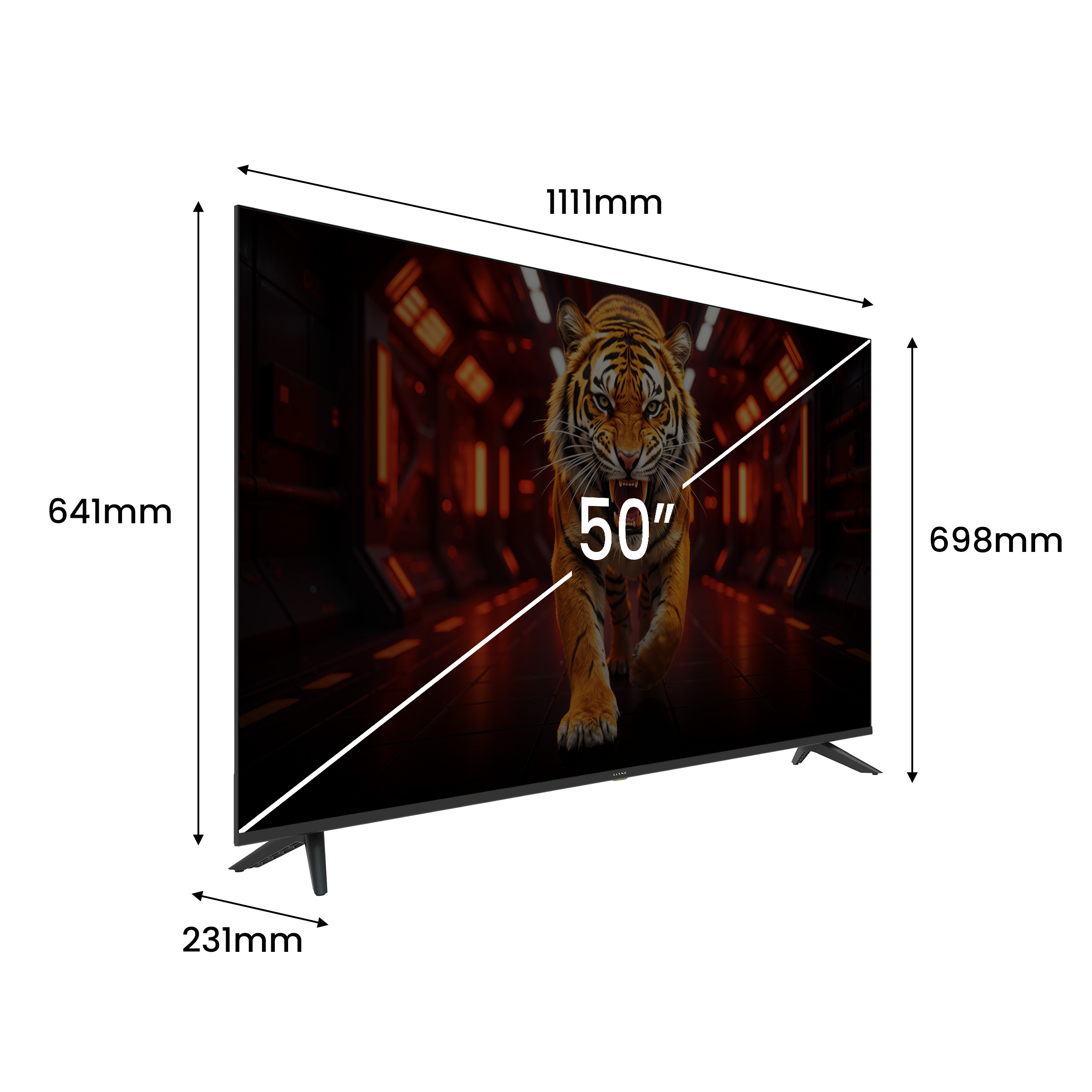 Telewizor 50-calowy z obrazem tygrysa. Podano wymiary.