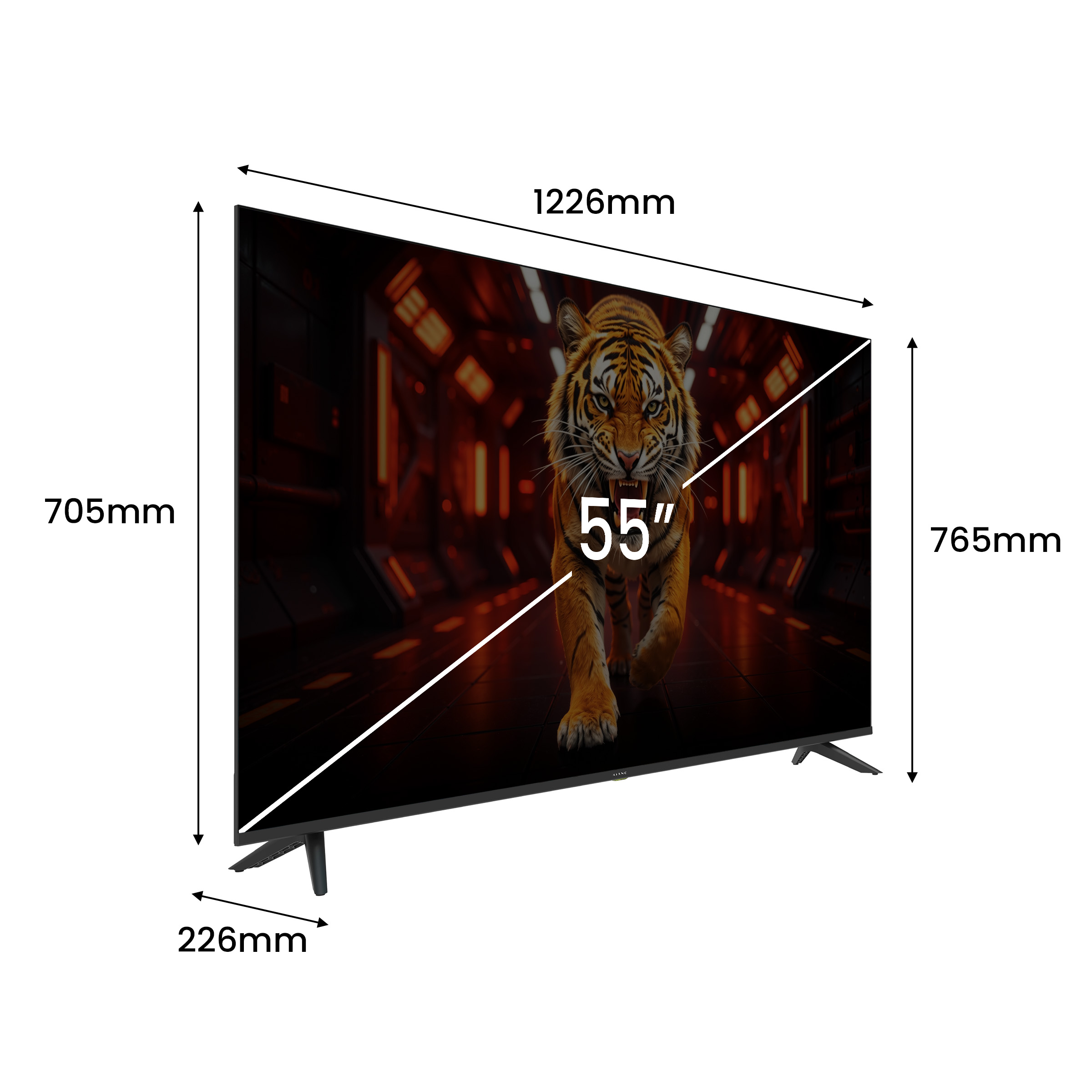 Telewizor 55-calowy z obrazem tygrysa, wymiary 1226x705x226mm.