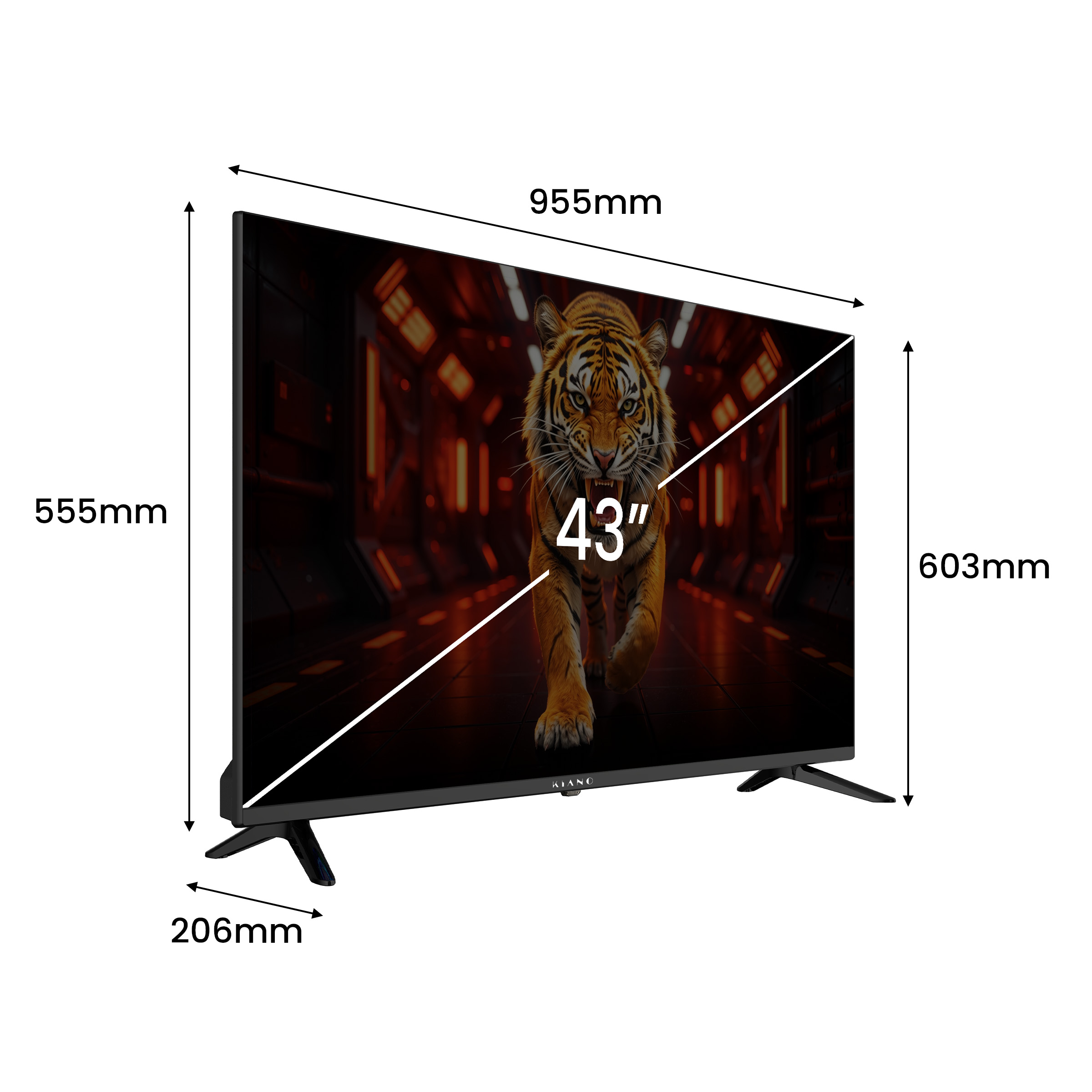 Telewizor 43-calowy z obrazem tygrysa. Wymiary 955x555x206mm.