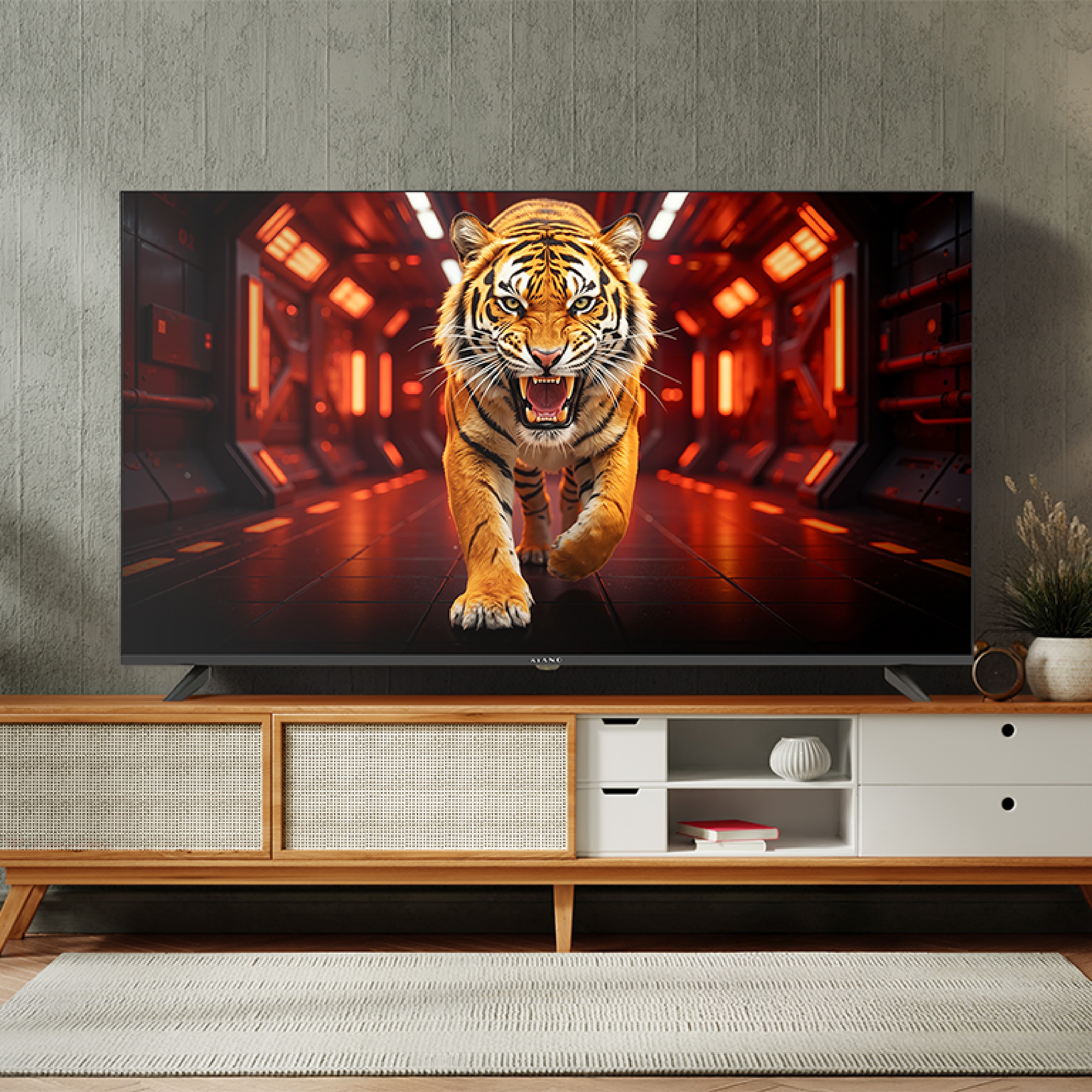 Ein Tiger mit offenem Maul läuft auf einen Betrachter in einem futuristischen Korridor zu.