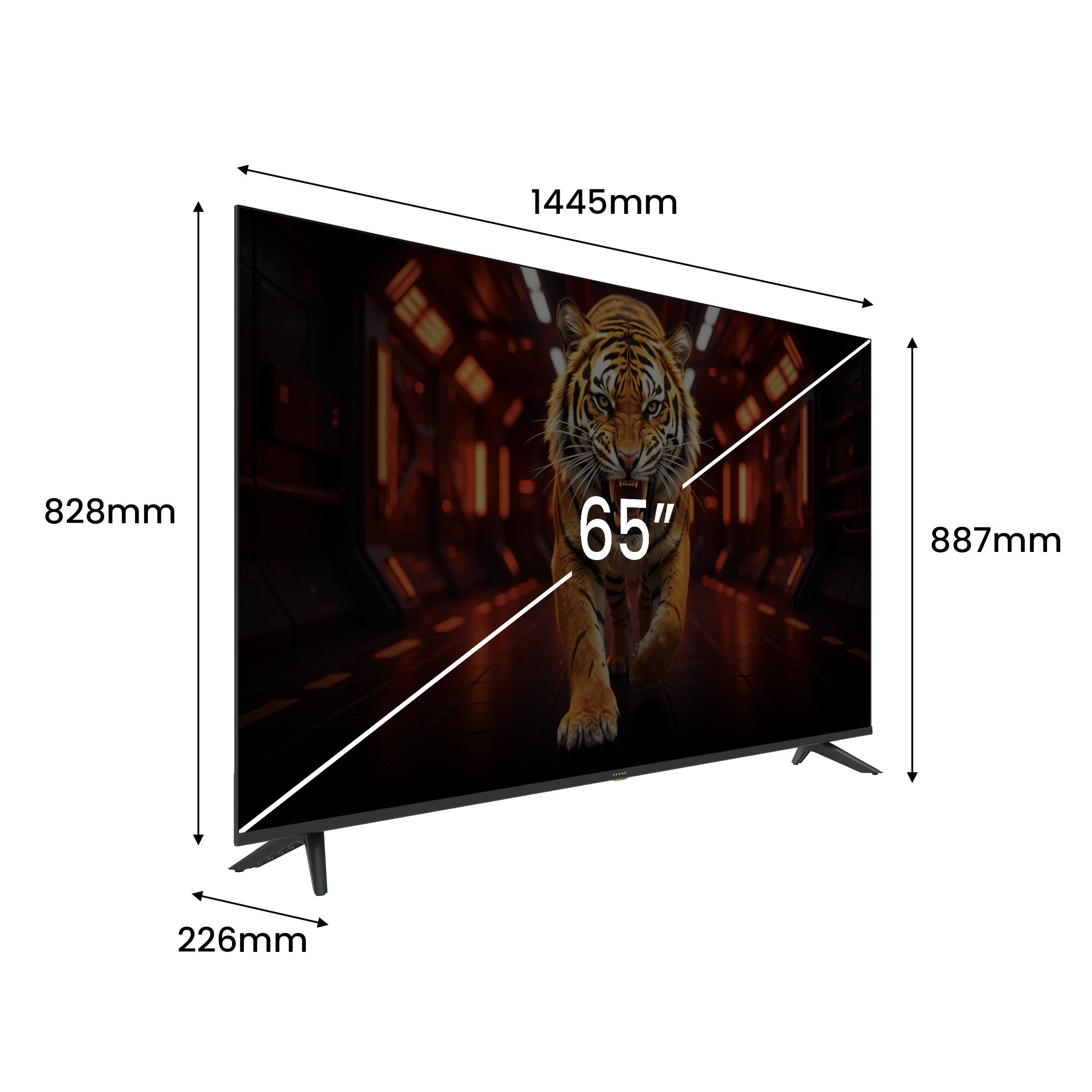 Telewizor 65-calowy z obrazem tygrysa, wymiary 1445x828x226mm.