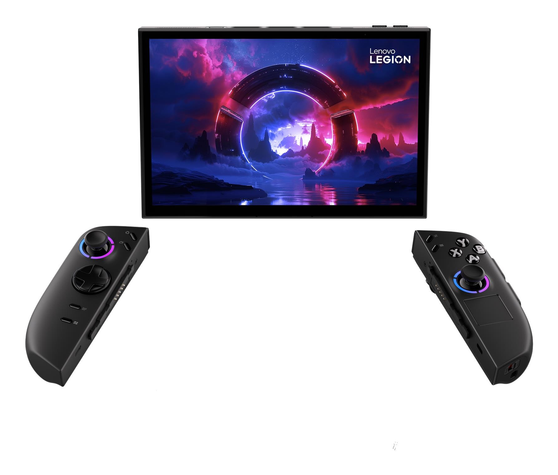 Lenovo Legion-Bildschirm mit zwei Joysticks. Neon-Landschaft mit einem Torbogen.