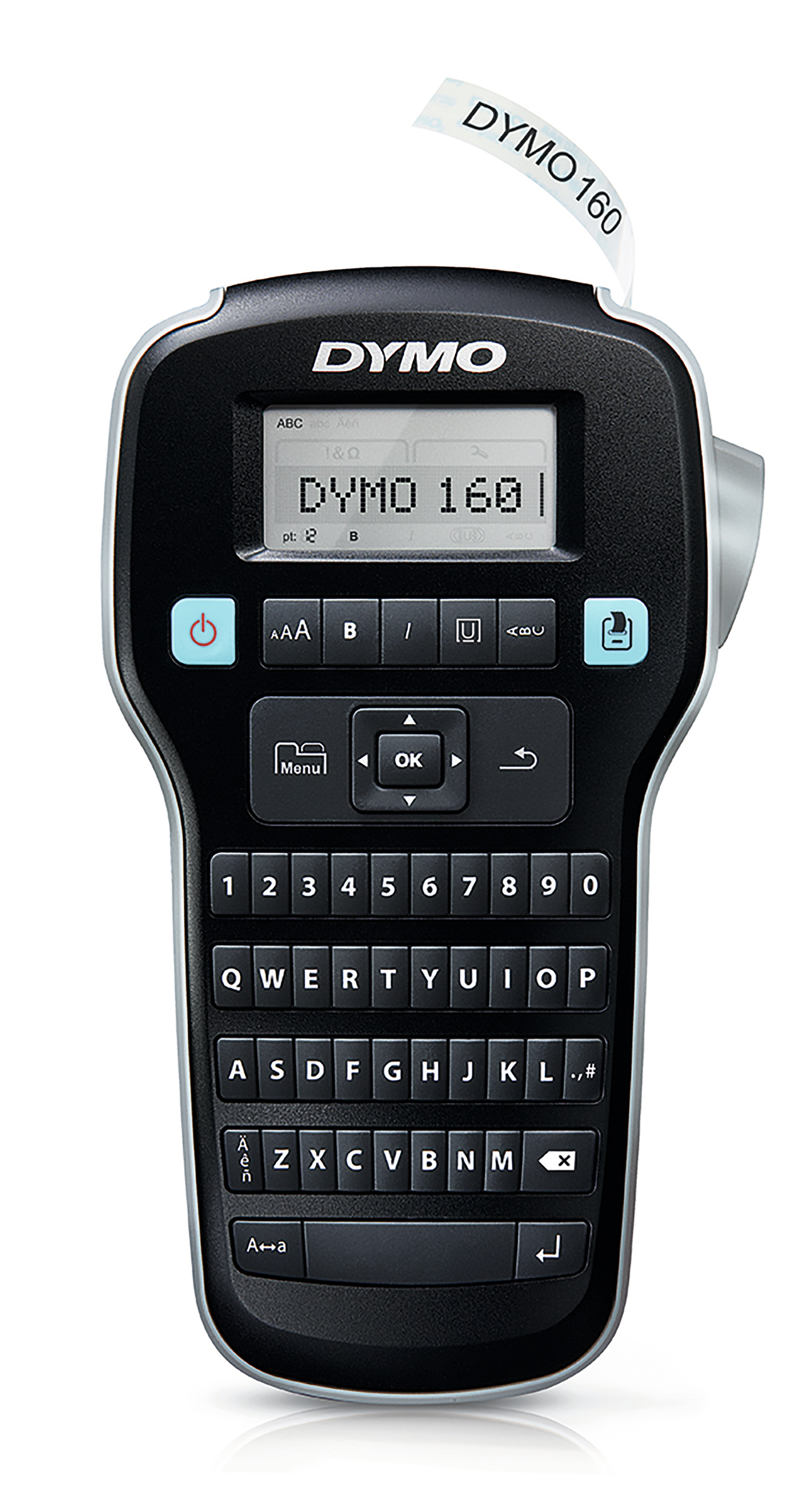 Schwarzer DYMO 160 Beschriftungsgerät mit QWERTZ-Tastatur.
