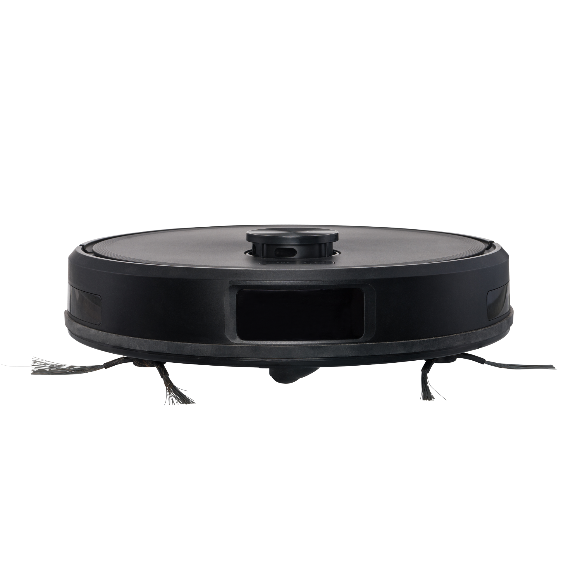 A black robot vacuum with brushes on a black background.