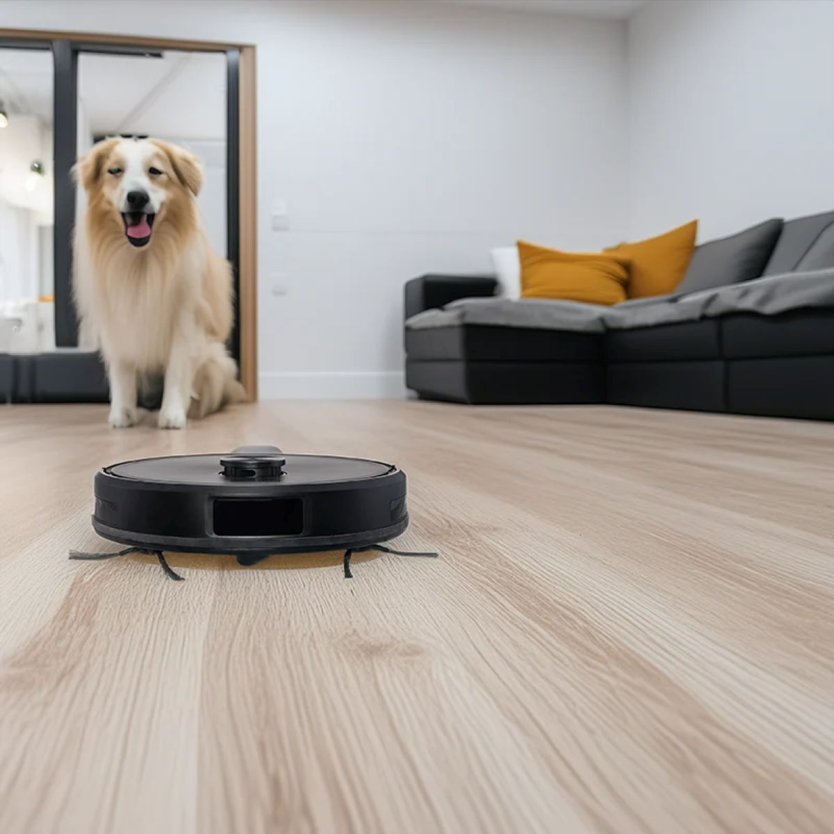 A black robot vacuum cleaner on a wooden floor with a dog in the background.