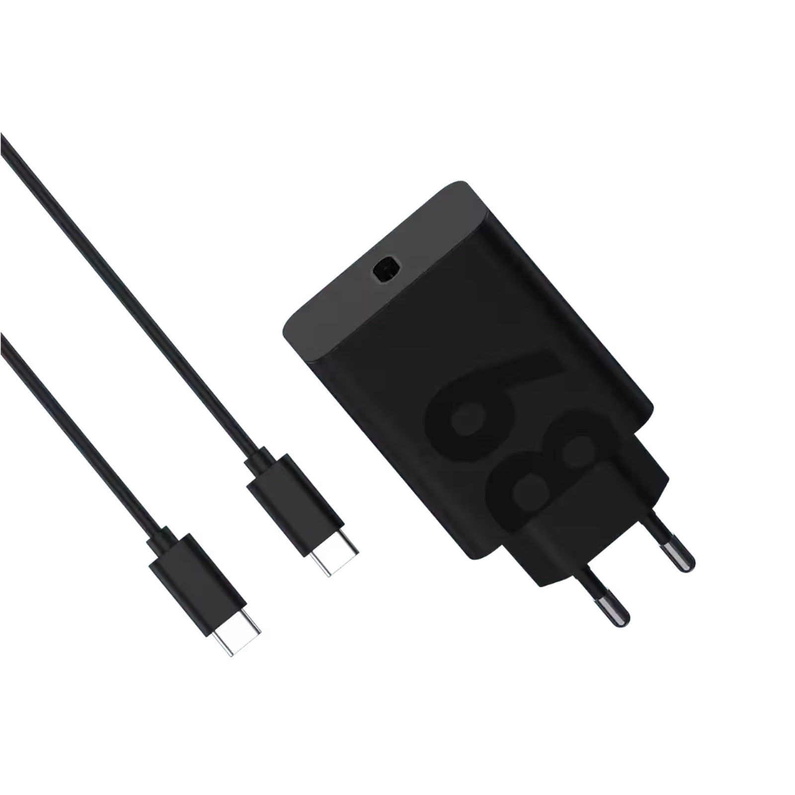 Zwarte voedingsadapter met twee USB-C kabels.