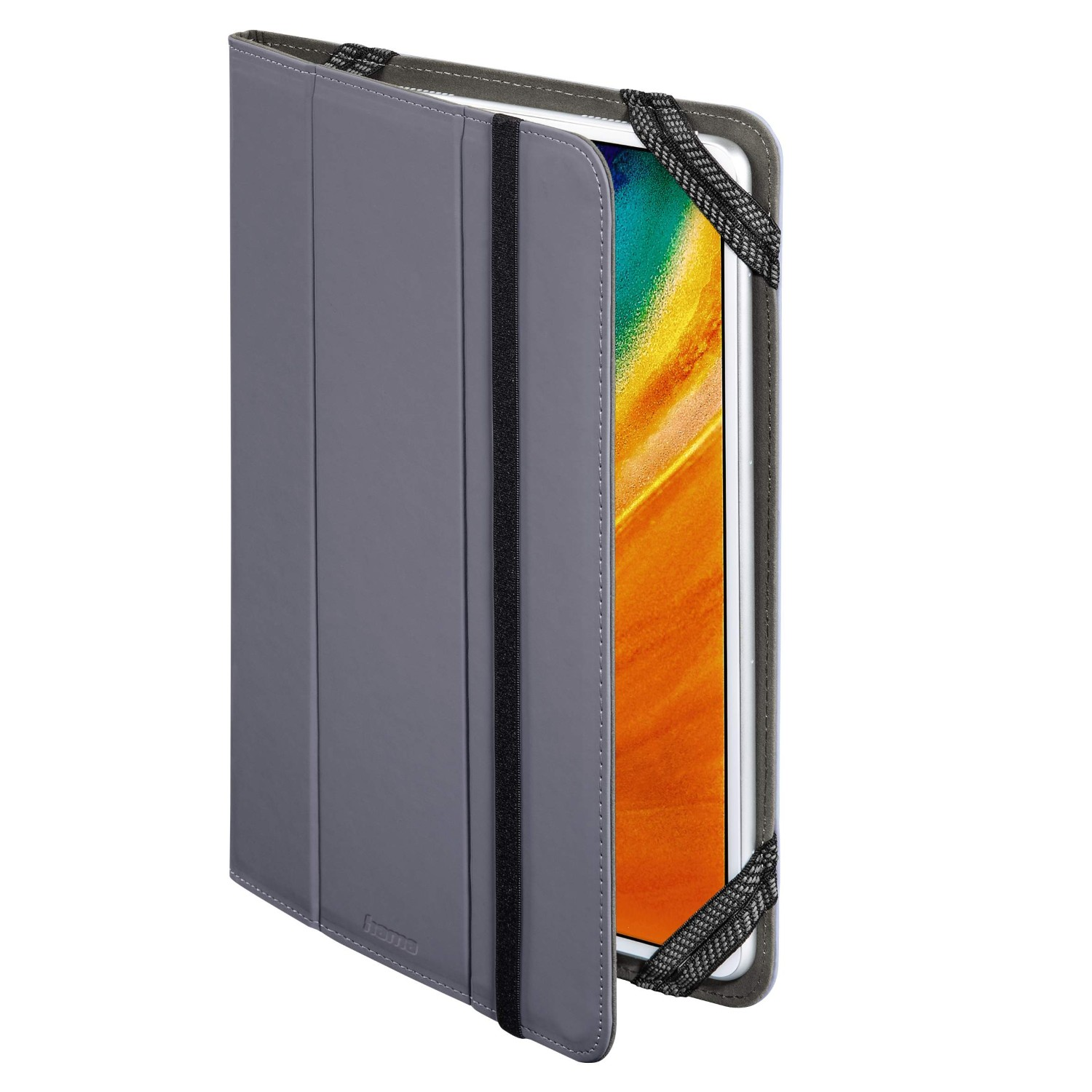 Graue Tablet-Hülle mit elastischen Bändern, die ein Tablet mit buntem Hintergrund halten.