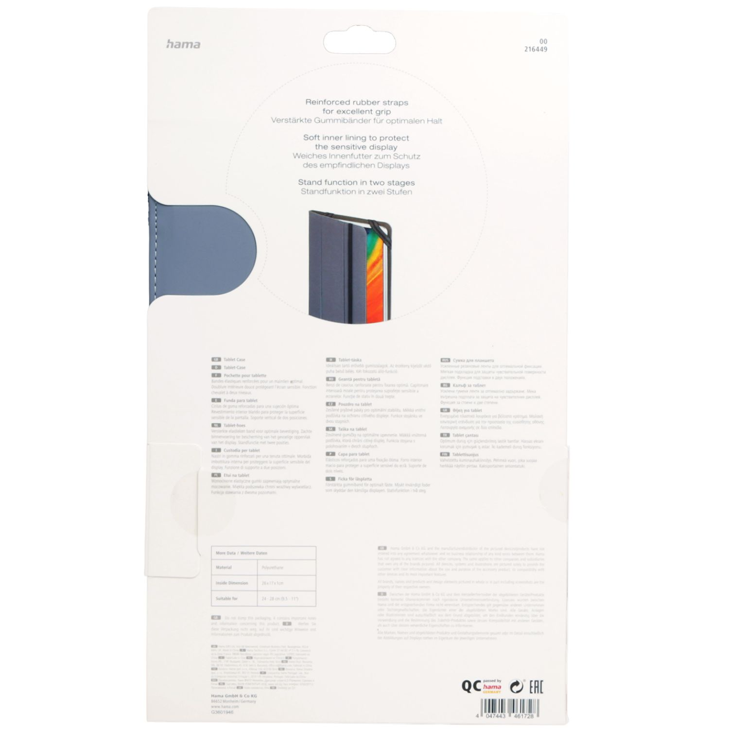 Verpackung für ein blaues Tablet-Etui mit Gummibändern und Ständerfunktion.