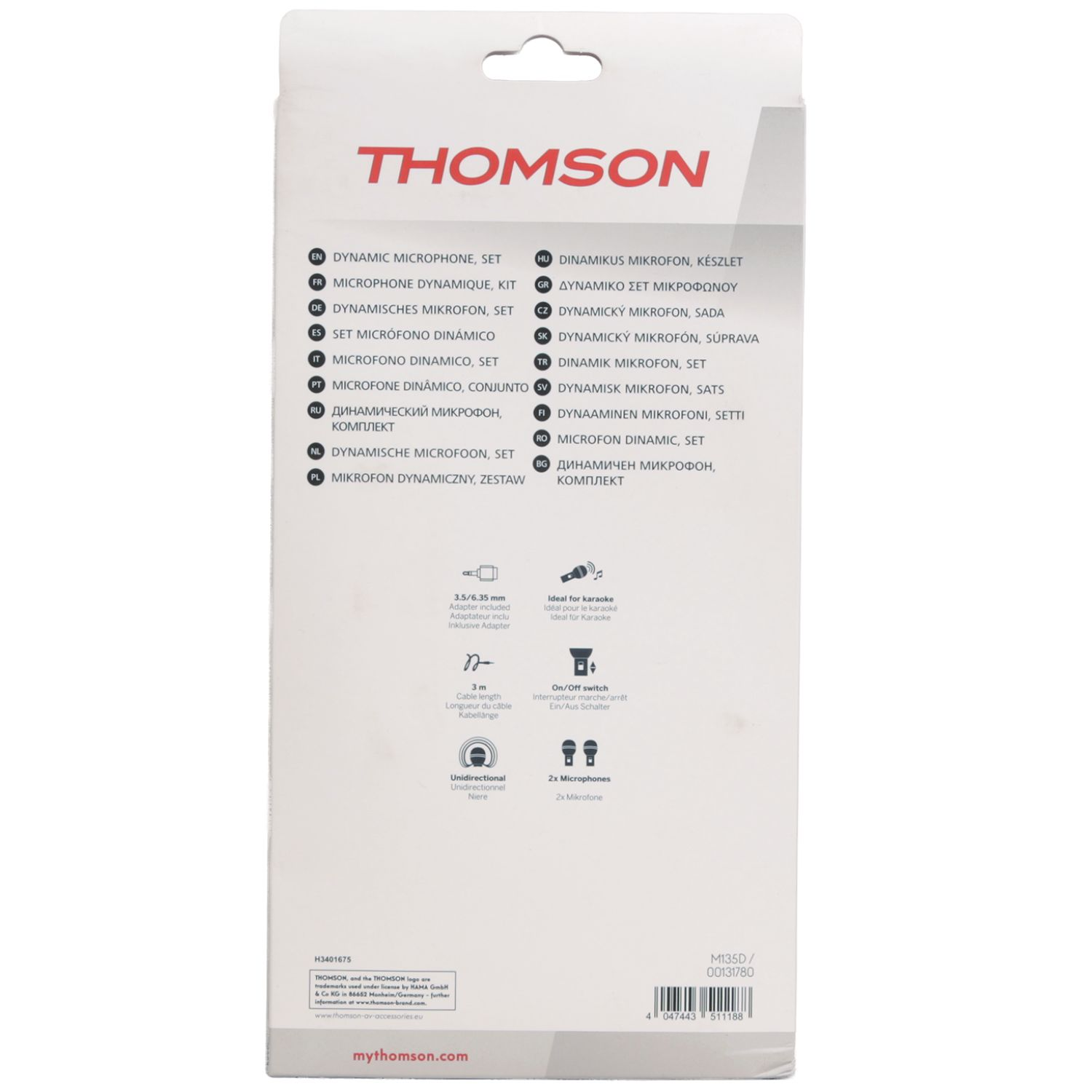 Confezione con logo Thomson, caratteristiche microfono e lingue.