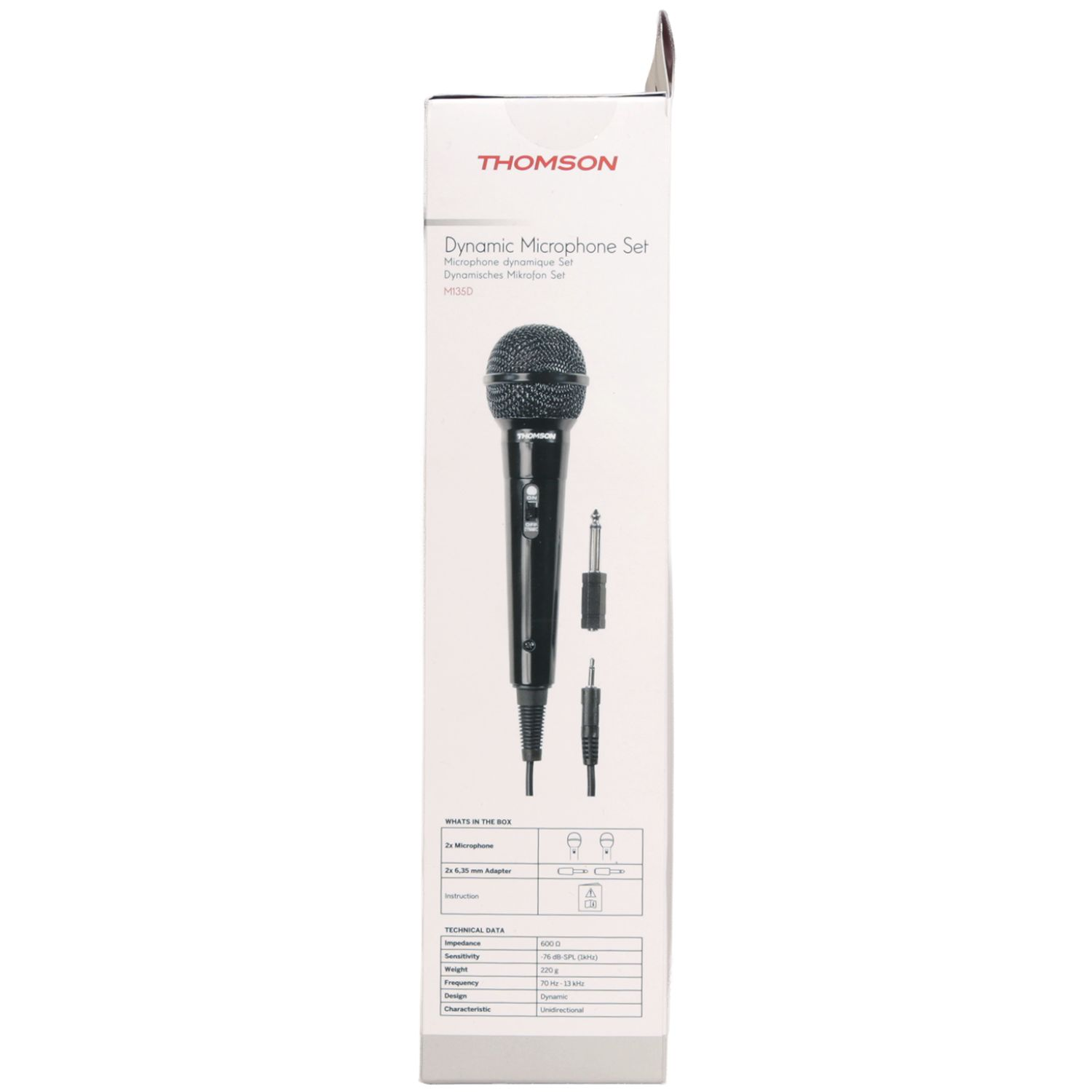 Confezione di un set di microfoni dinamici Thomson con accessori e dati tecnici.