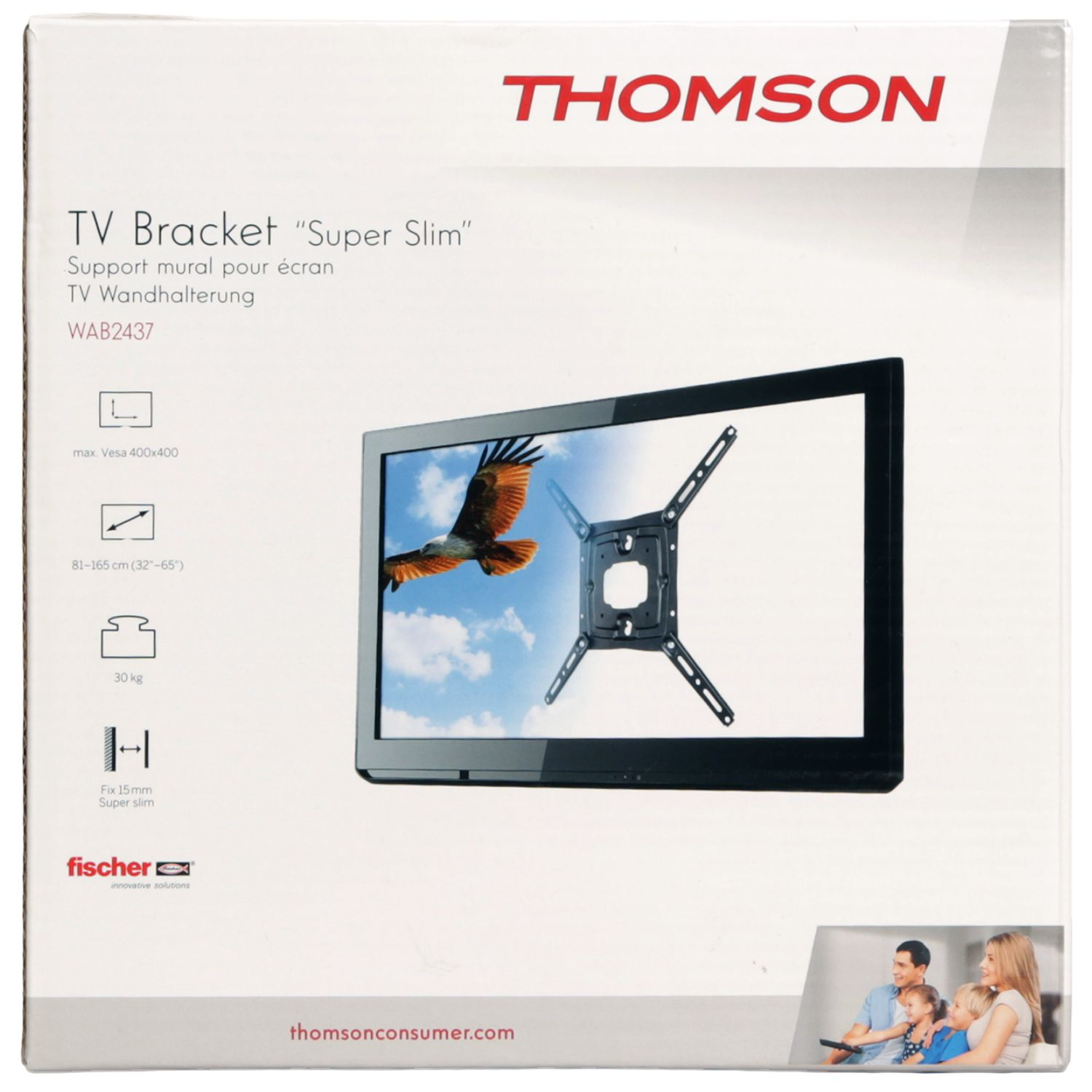 Thomson TV-Wandhalterung 'Super Slim' mit einem Bild eines Adlers vor blauem Himmel.