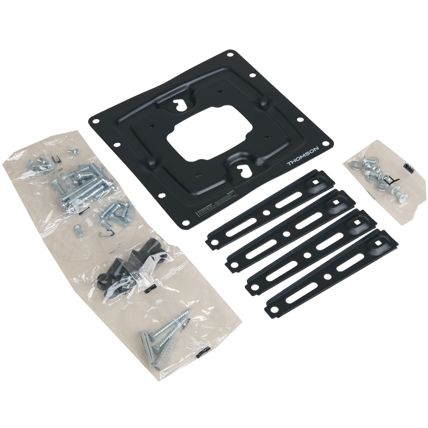 Ein schwarzer TV-Wandhalterungs-Kit mit Schrauben und Dübeln.