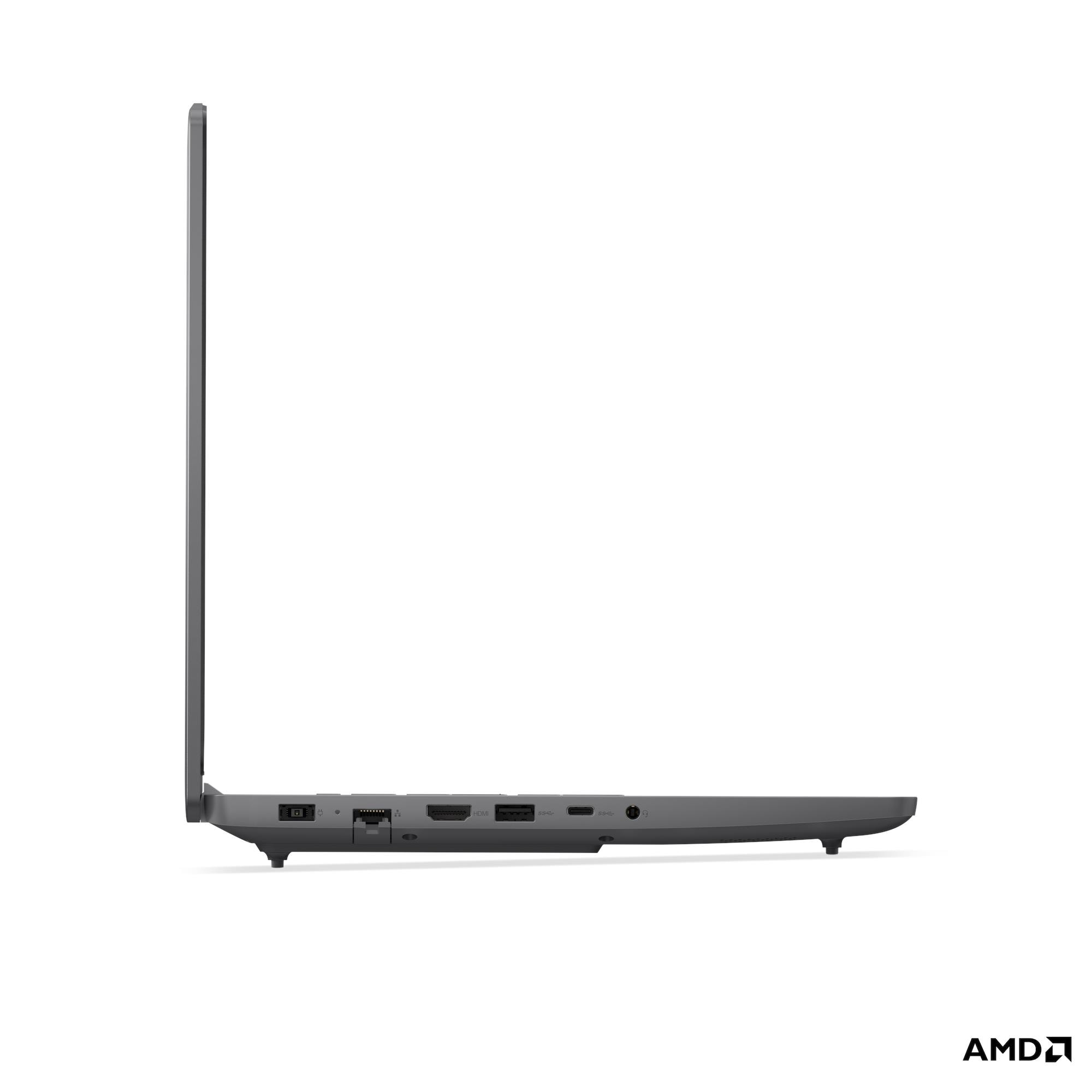 Area porte grigia laptop con porte USB, HDMI e di rete. Logo AMD in basso a destra.