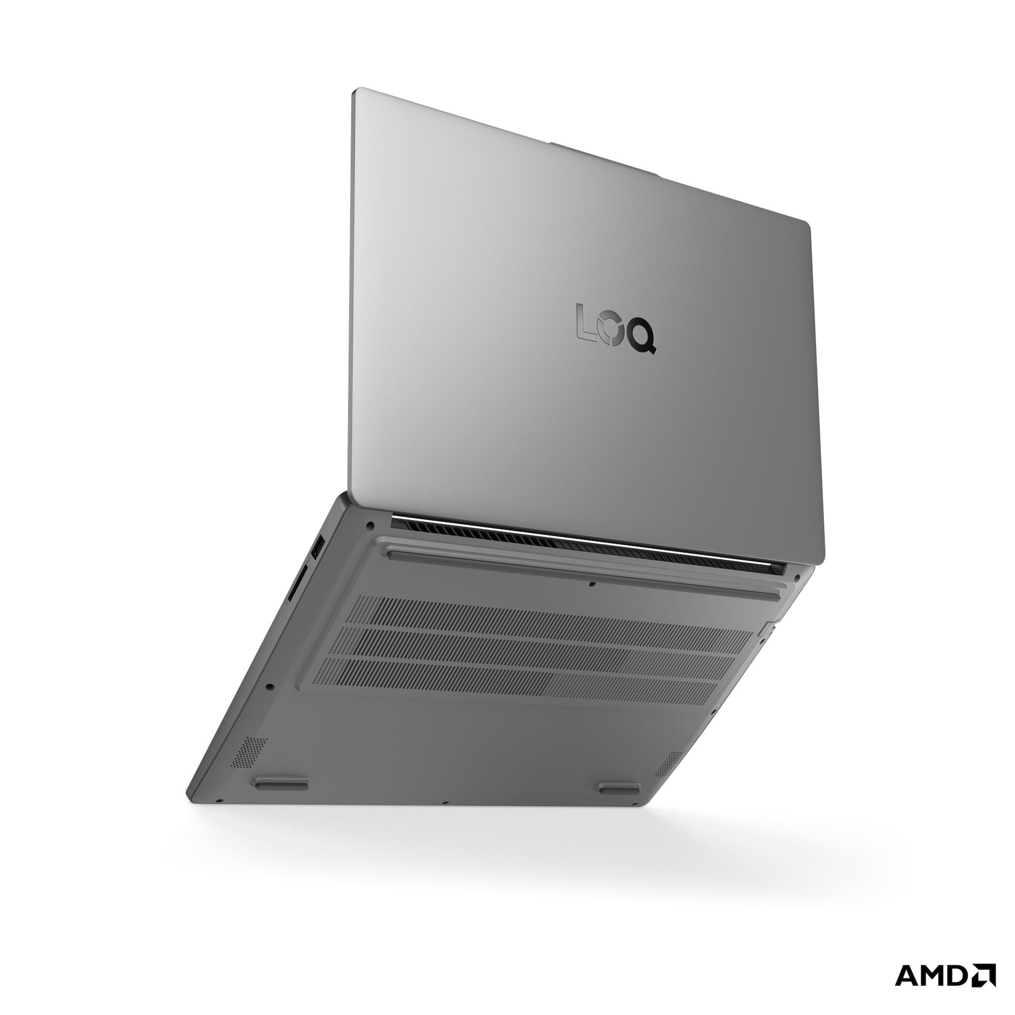 Laptop grigio con prese d'aria inferiori e logo LQ.