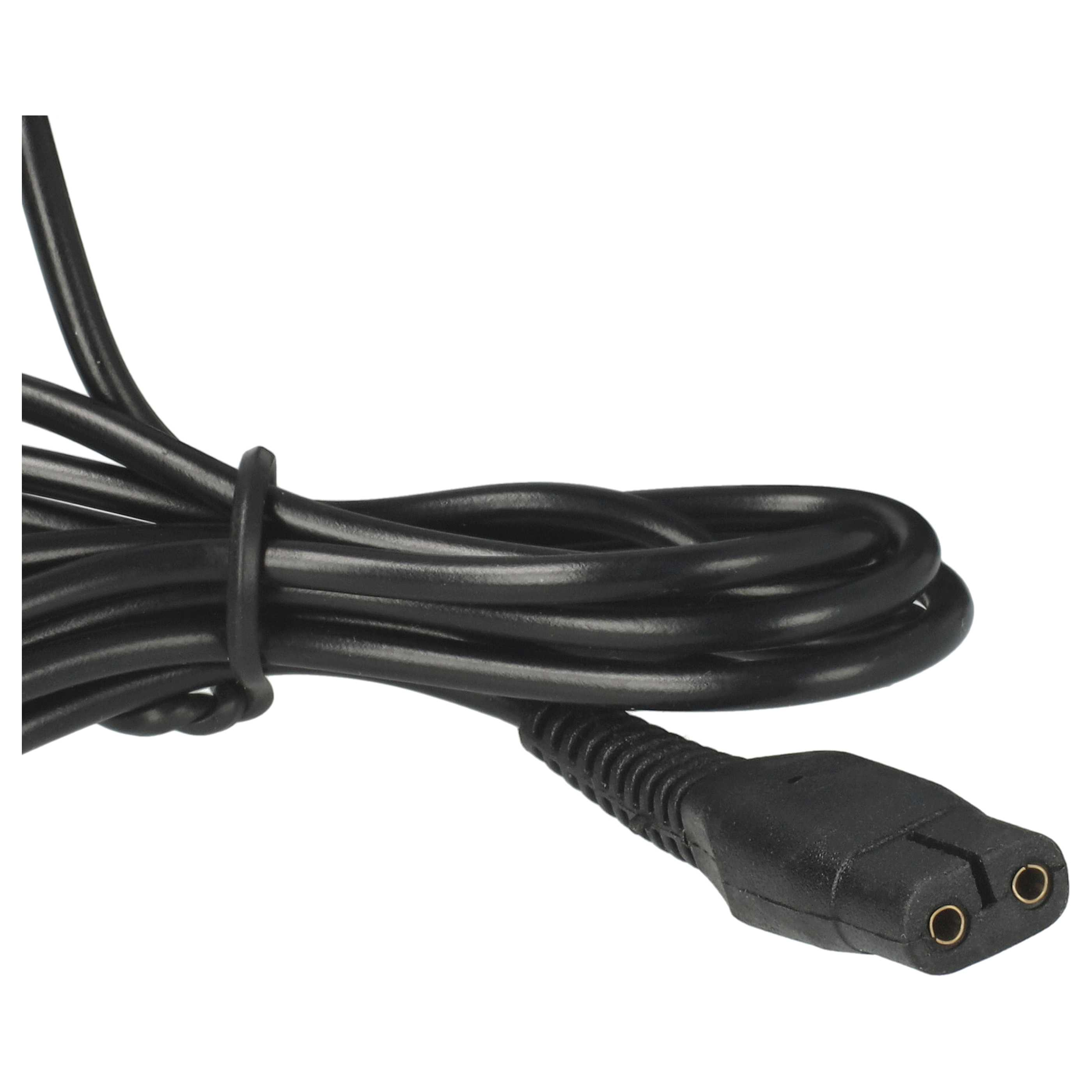 Schwarzes Kabel mit einem zweipoligen Stecker, auf weißem Hintergrund.