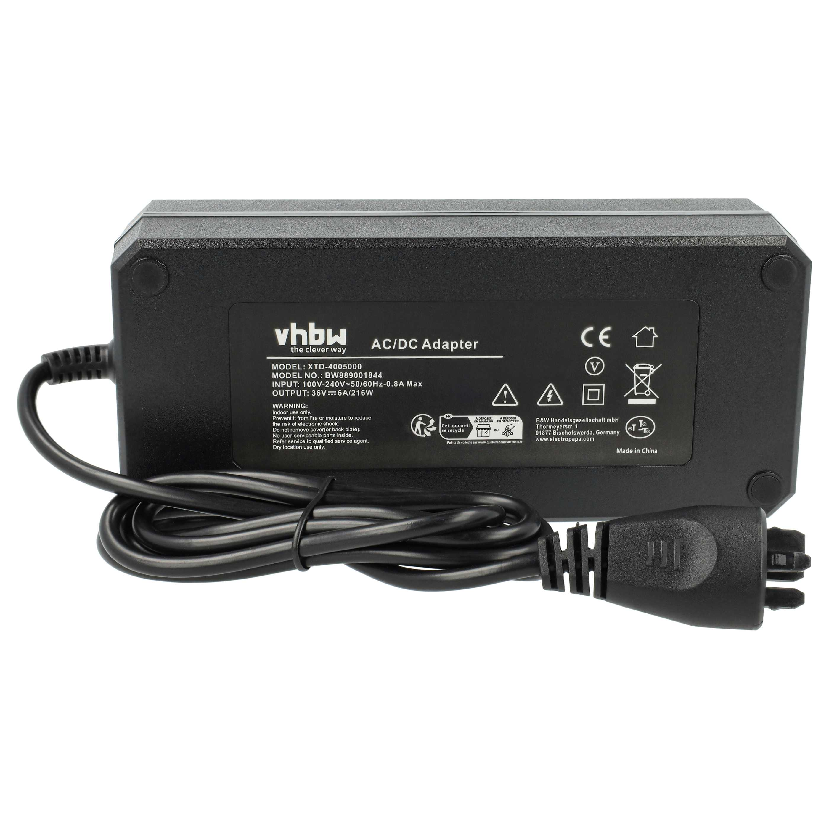 Schwarzer AC/DC-Adapter von VHBW mit Kabeln und Sicherheitszeichen.
