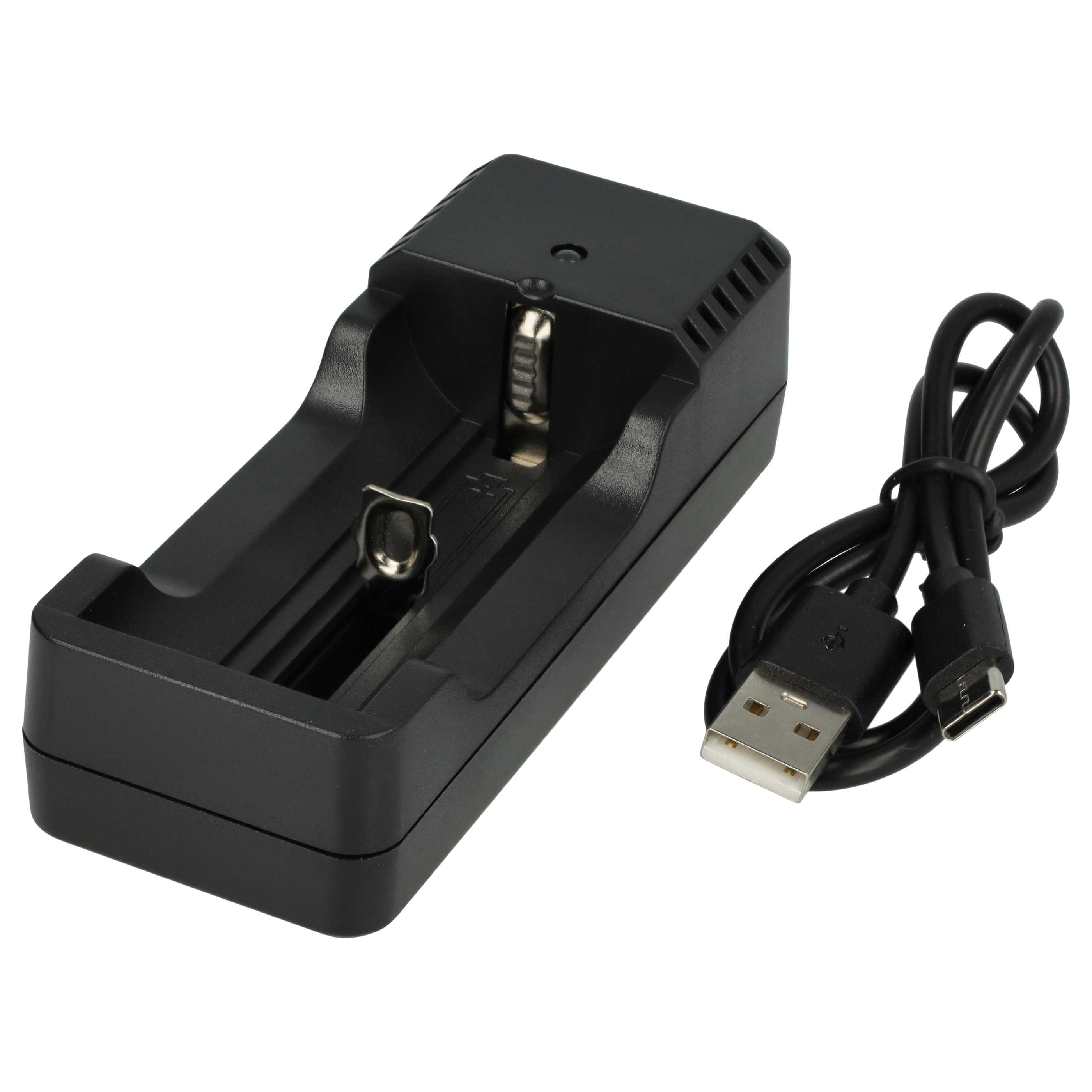 Ein schwarzes Ladegerät mit USB-Kabel auf weißem Hintergrund.