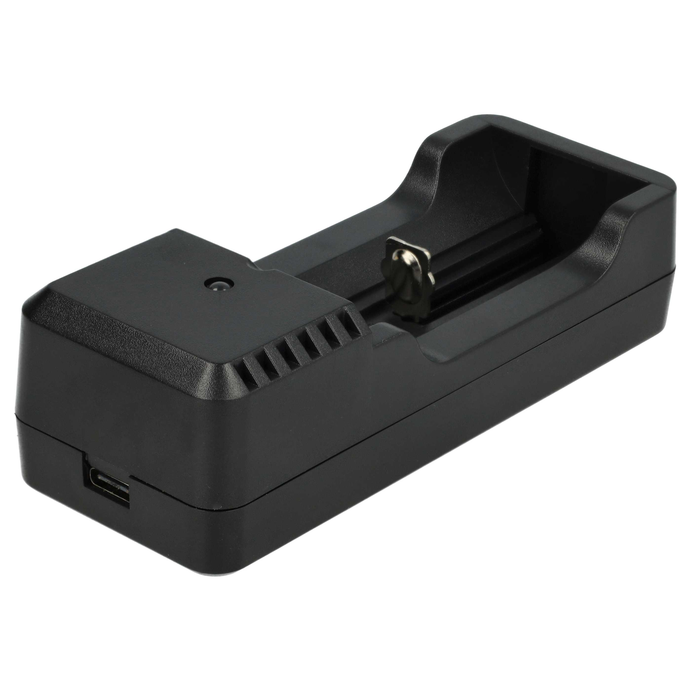 Schwarzes Ladegerät mit USB-C-Anschluss und Metallkontakten für Batterien.