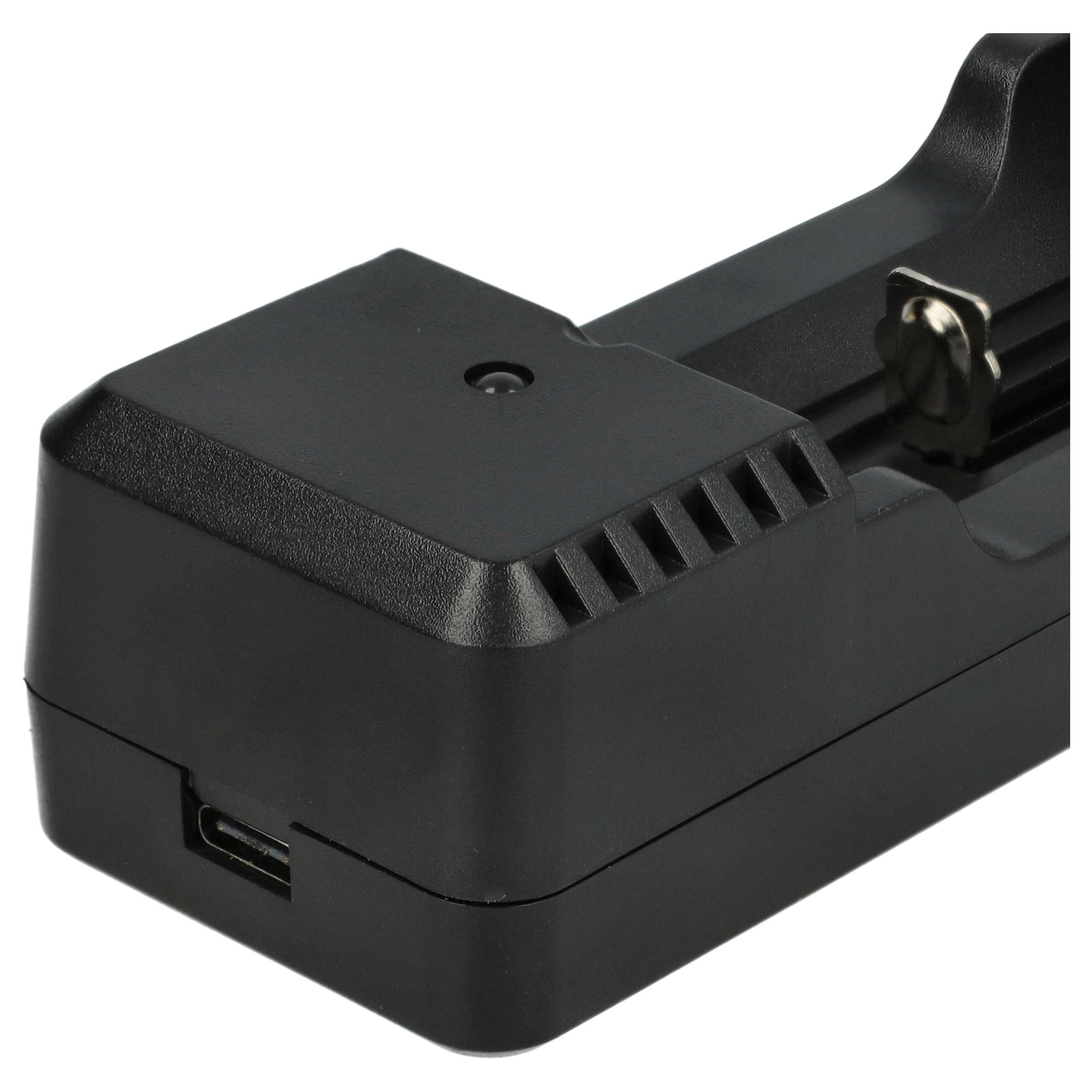 Schwarzes Ladegerät mit USB-C-Anschluss und Metallkontakten.