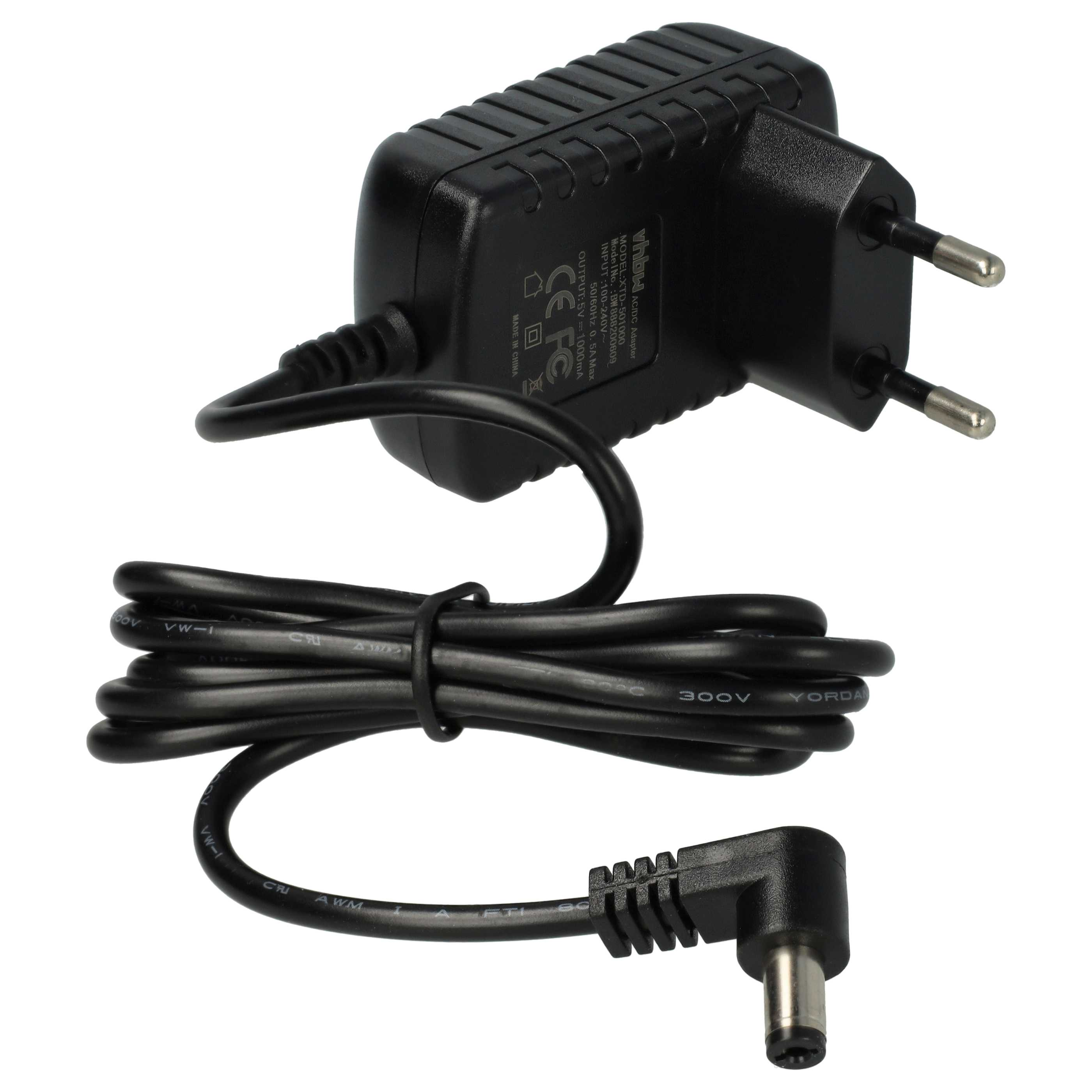 Schwarzes AC/DC-Netzteil mit Eurostecker und gewickeltem Kabel mit Klinkenstecker.